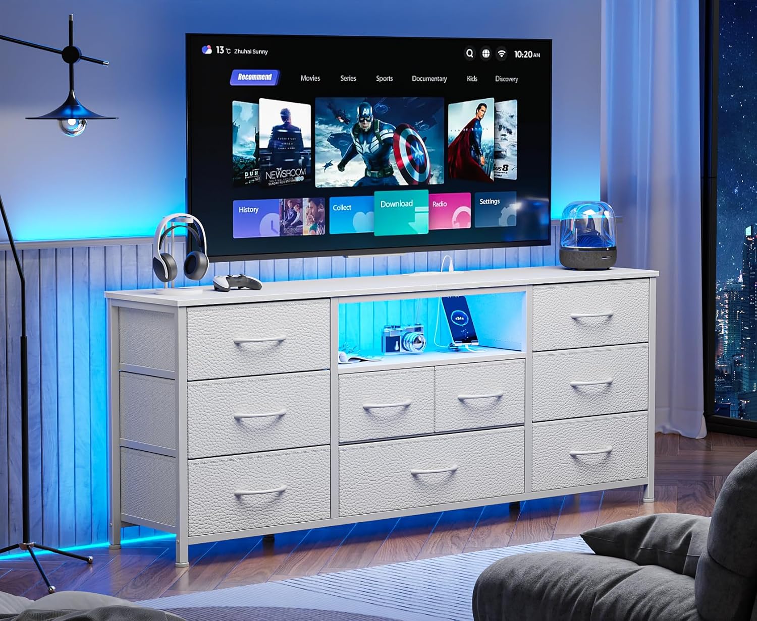 Furnulem 9 Drawer Dresser 55” Long TV Stand for Bedroom Entertainment Center with Power Outlet & LED Light for 55"-65" TV  with Fabric Storage Drawers