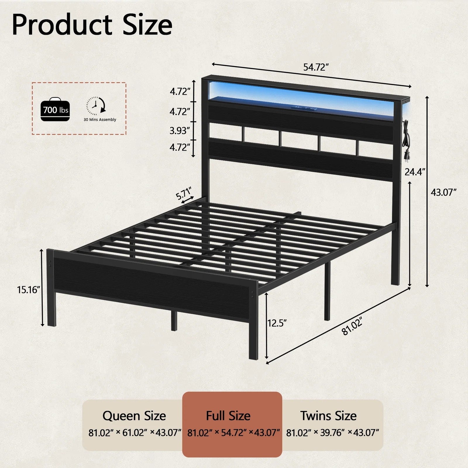 Bed Frames with Headboard & LED Lighted,Standard Storage Bed Platforrm with Storage Underbed, No Box Spring Needed