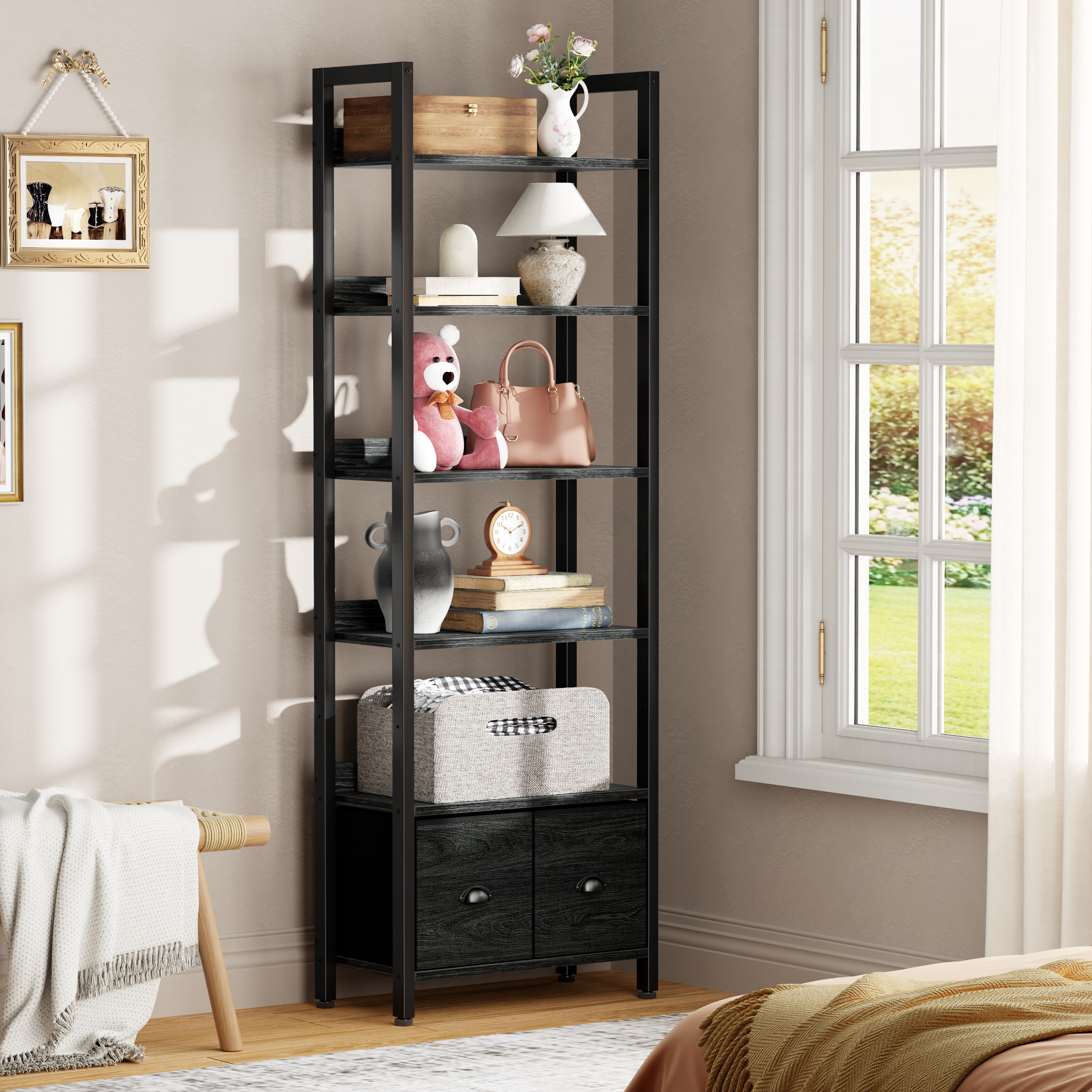 6 Tier Industrial Tall Bookcase with Two Storage Drawers Wood Metal Freestanding Bookshelf Display Organizer Shelf for Home Office Bedroom Black Oak
