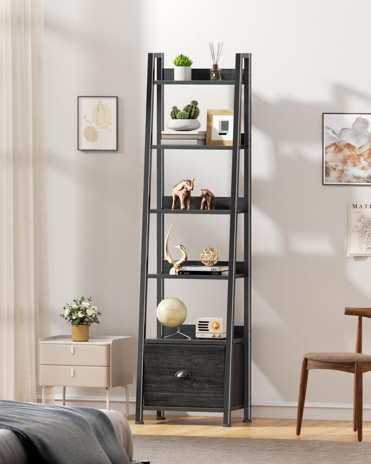 Qwatto Black 6 Tier Ladder Bookshelf with Drawer Tall Industrial Wood Metal Freestanding Storage Rack Etagere Display Bookcase for Home Office Rooms