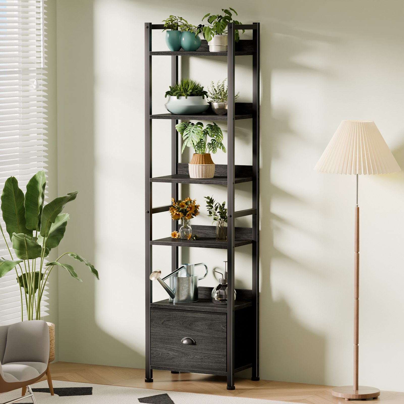 Qwatto Black 6 Tier Bookshelf with Drawer Tall Industrial Wood Metal Freestanding Storage Display Shelves Etagere Bookcase Organizer for Home Office