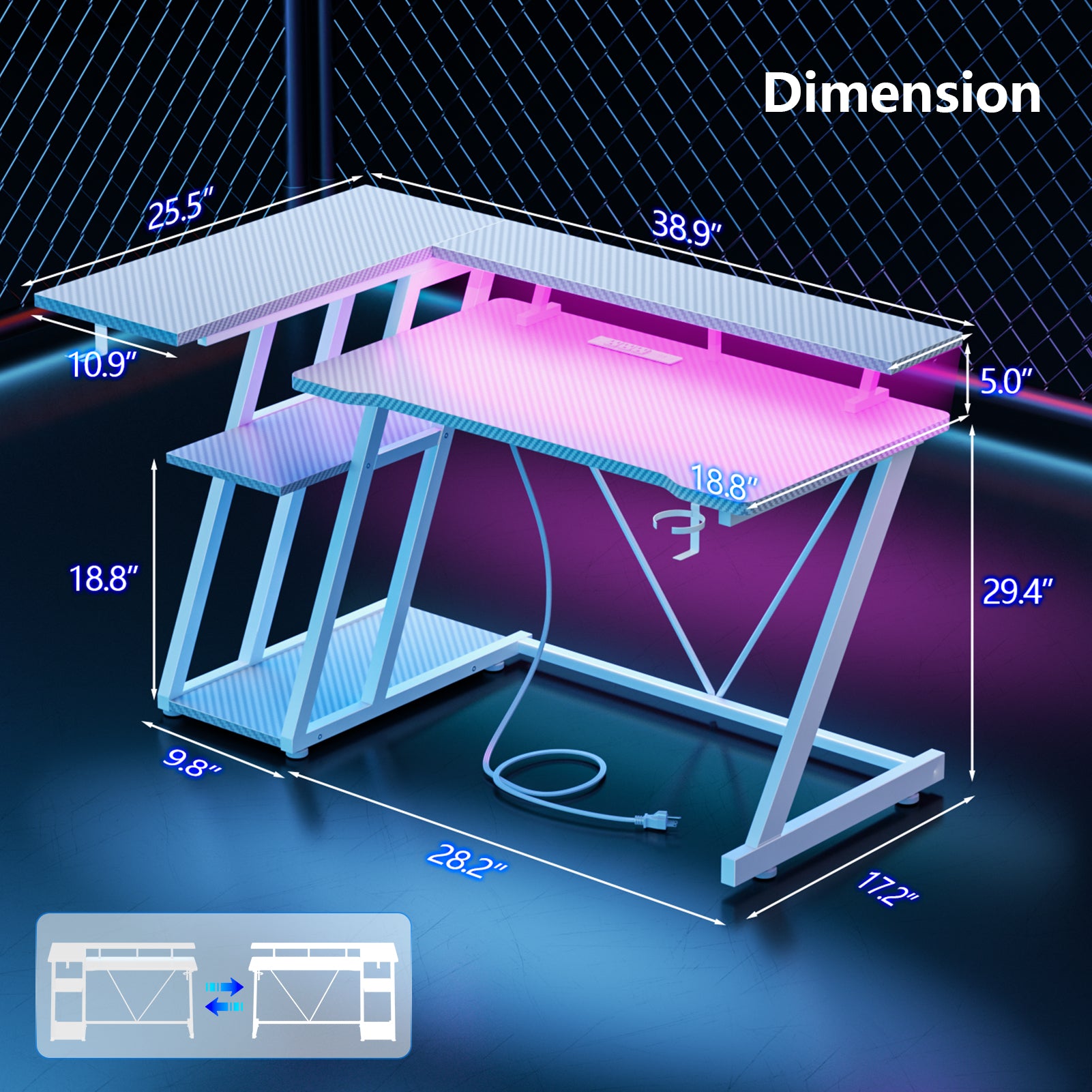 40 inch L Shaped Gaming Desk with LED Lights and Power Outlet Corner Computer Desk for Small Space with Monitor Stand 3 Tier Storage Shelves White