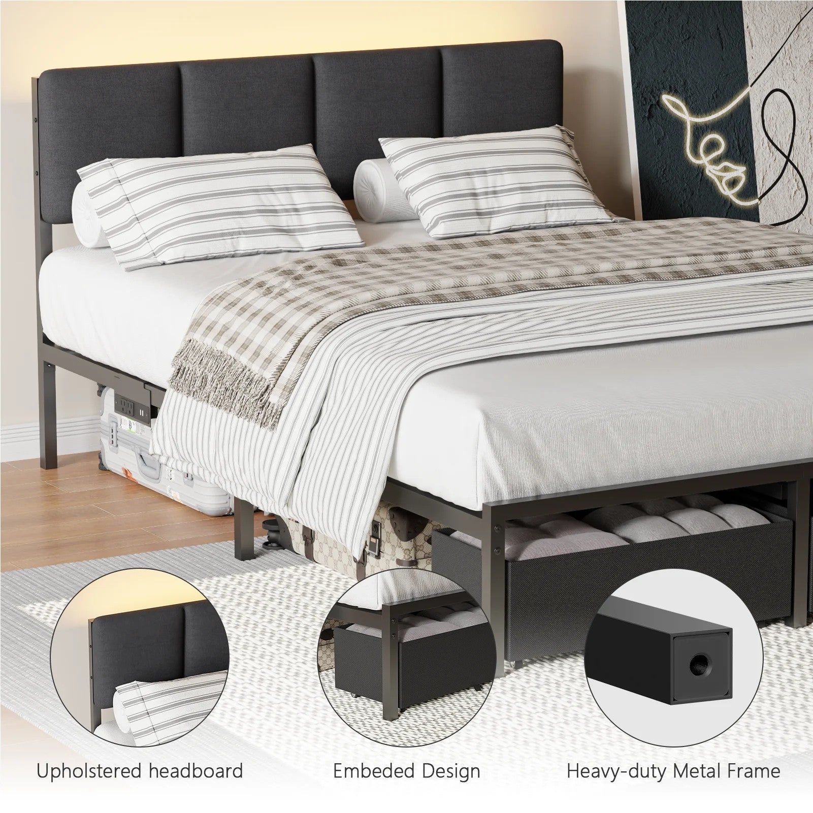 Bed Frame with 2 Drawers & 2 USB Ports and Outlets, No Box Spring Needed