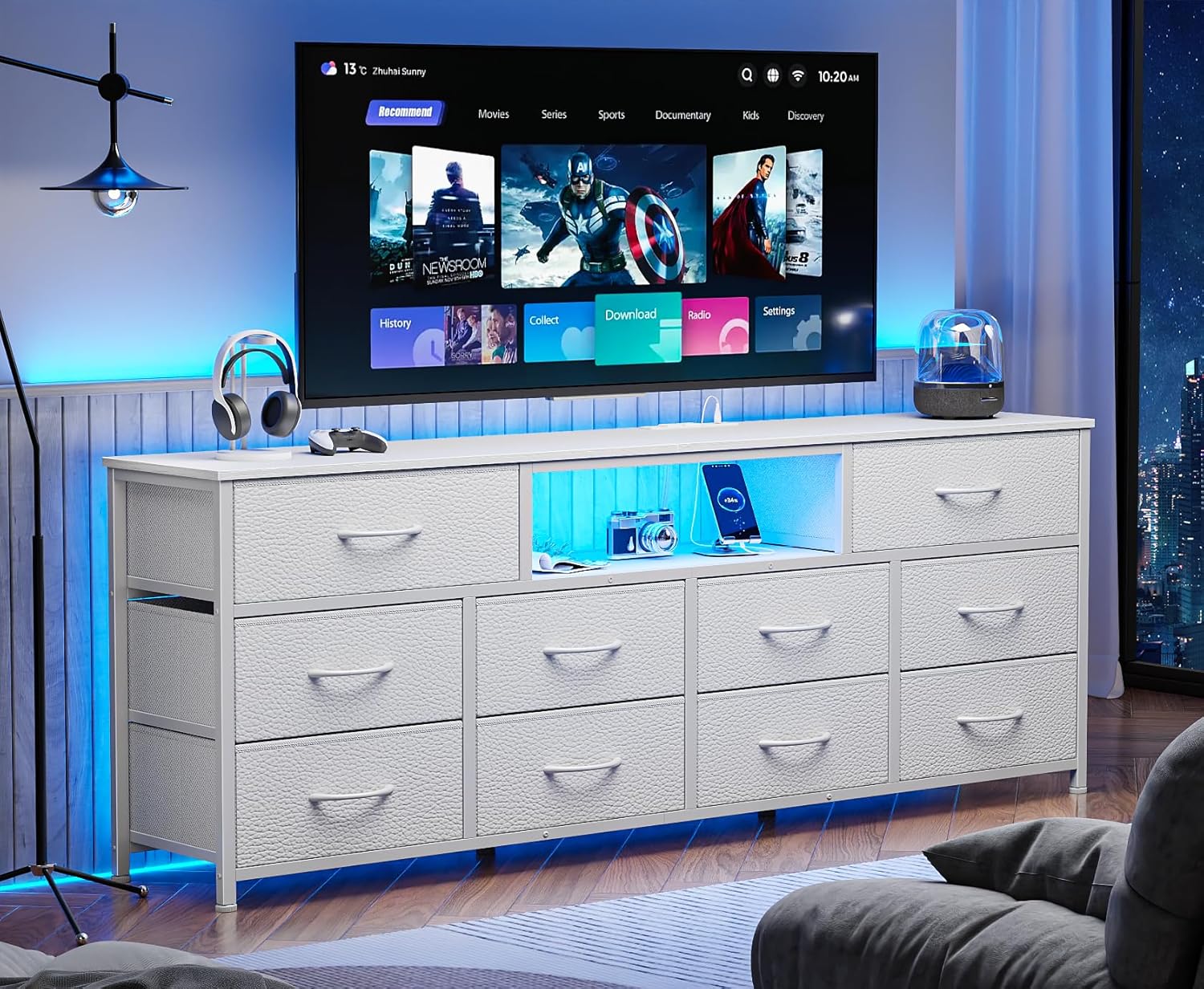 Long Dresser for Bedroom, TV Stand for 65 to 75 inch TV, White Dresser with 10 Fabric Drawers, Chest of Drawer for Closet, Entertainment Center with Power Outlet & LED Light