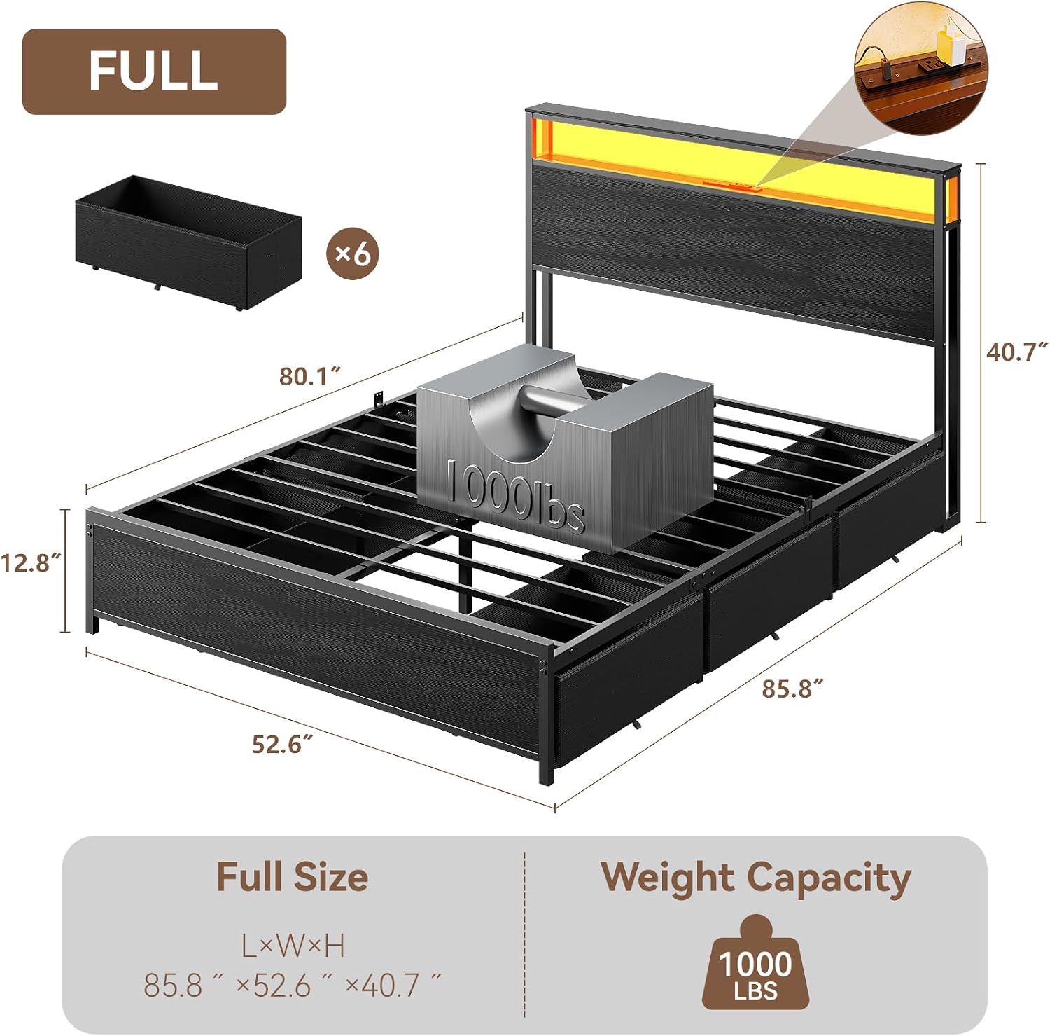 Qwatto Full Size Bed Frame 6 Drawers Storage Headboard LED Lights Charging Station Metal Platform Bedframe Black No Box Spring Needed Noise Free USB