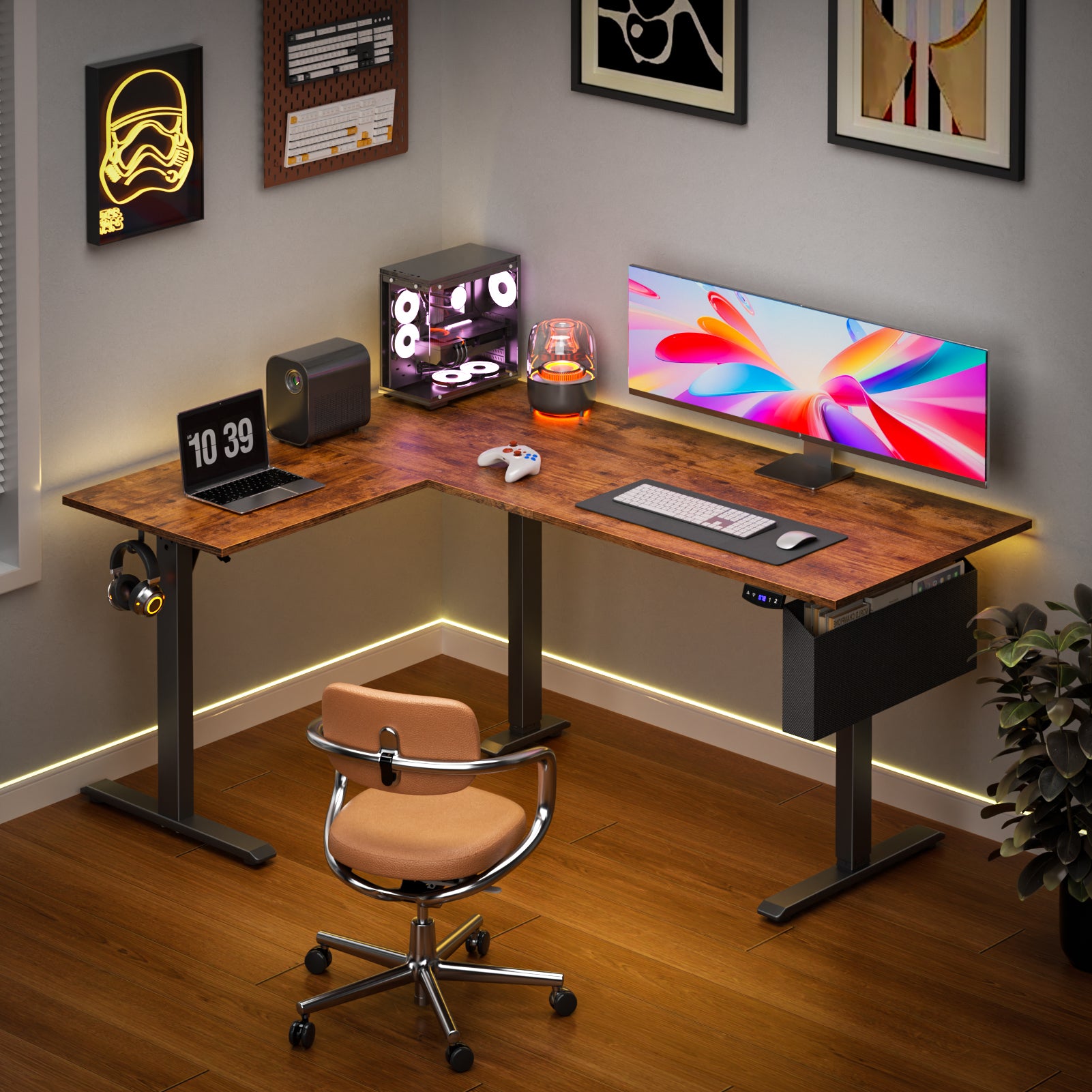 L Shaped Electric Standing Desk 63 Inch Height Adjustable Sit Stand Corner Computer Table Reversible Memory Presets Ergonomic Home Office Desk Brown