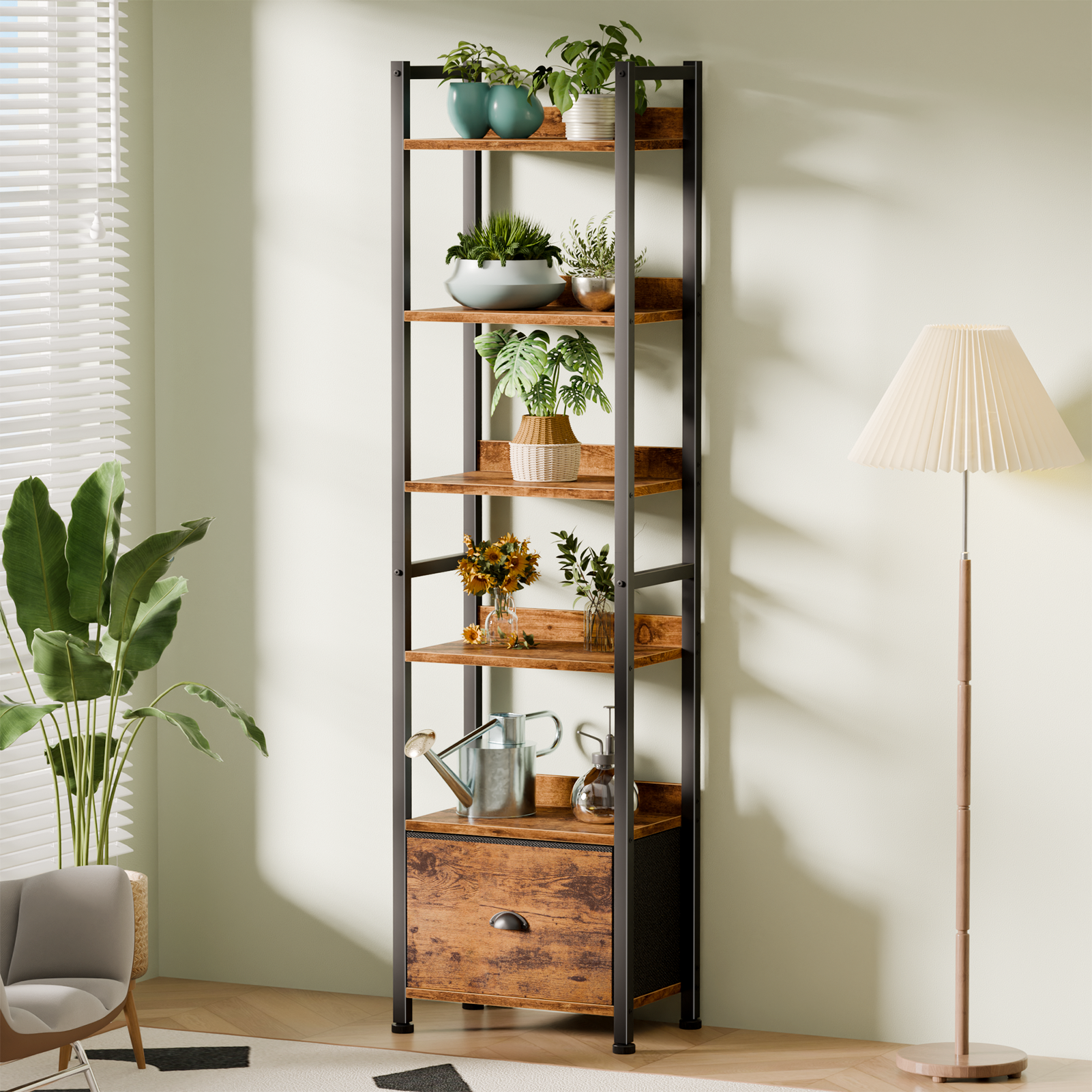 Qwatto Brown 6 Tier Bookshelf with Drawer Tall Industrial Wood Metal Freestanding Storage Display Shelves Etagere Bookcase Organizer for Home Office