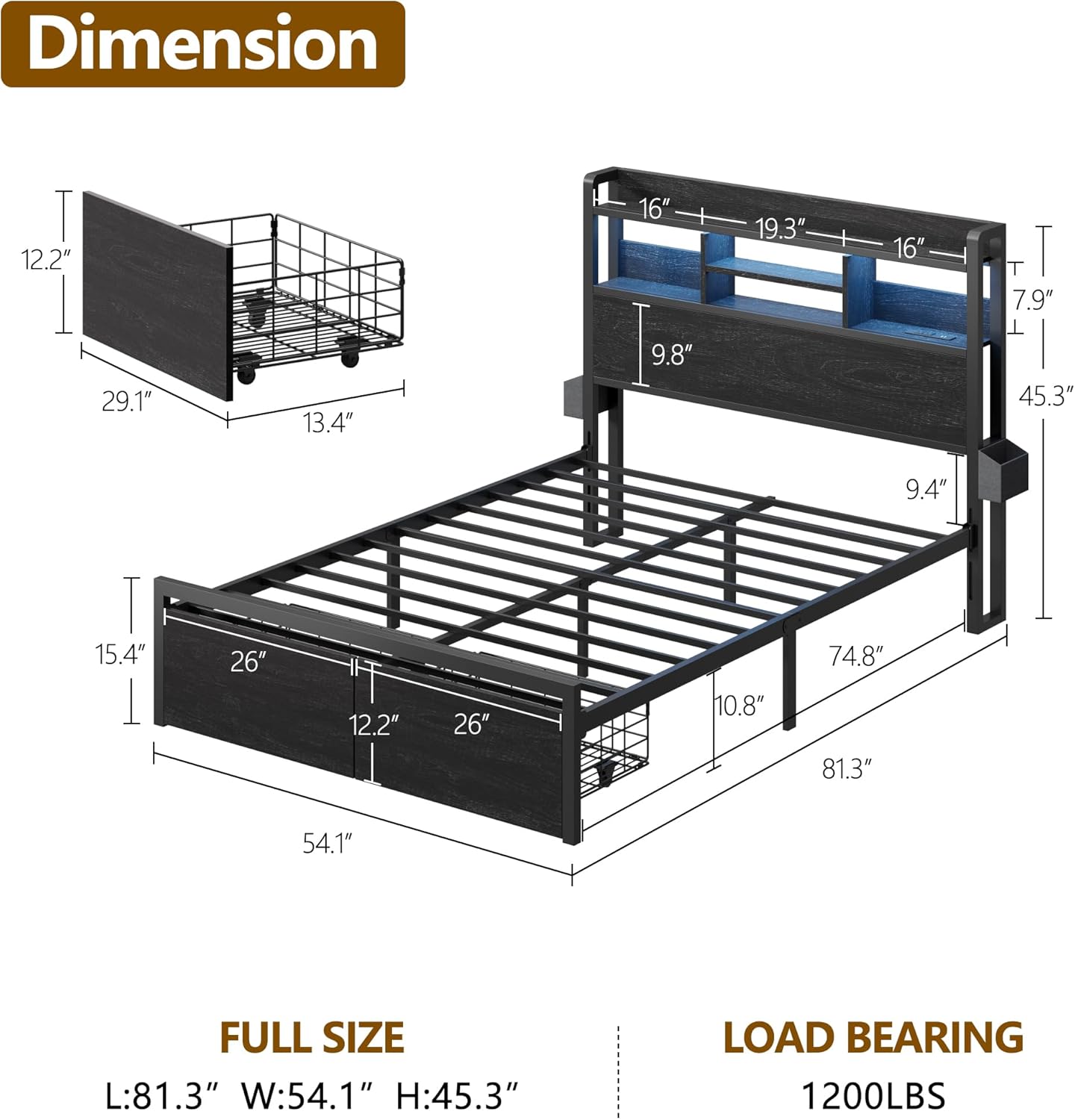 Furnulem Full Size Bed Frame with Wood Headboard  Metal Platform Bed Frame Full Size with 2 Storage Drawers and Shelf  LED Light  No Box Spring Needed