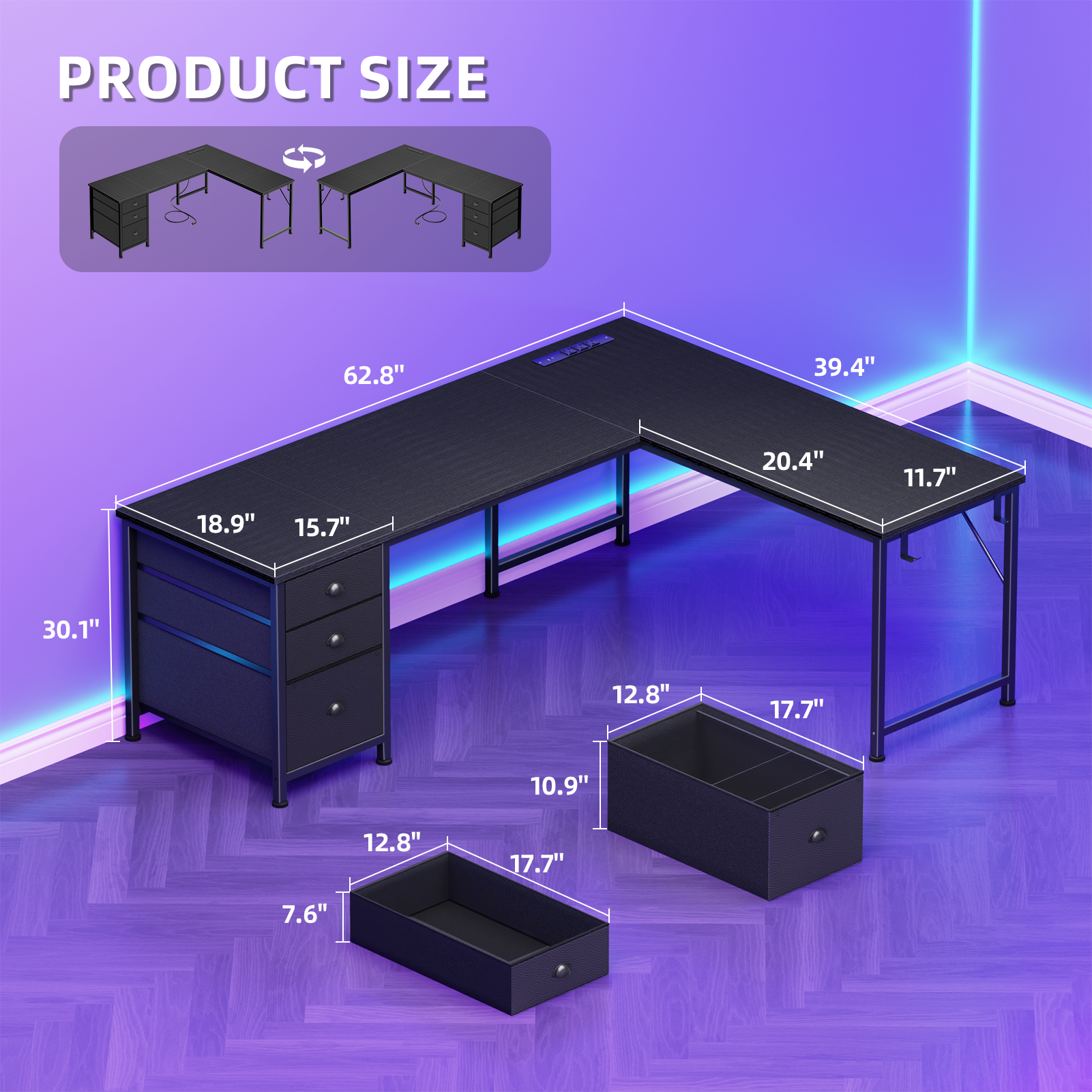 Qwatto 63 Inch L Shaped Gaming Desk Black Computer Corner Table with Power Outlets USB C Ports File Fabric Drawers Large Storage for Writing Bedrooms