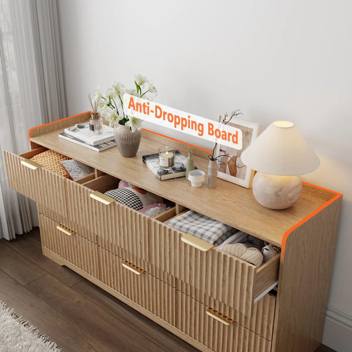 Modern 9 Drawer Dresser Wide Wood Storage Chest of Drawers Bedroom Furniture Nursery Large Clothing Organizer Cabinet Anti Tip Safety