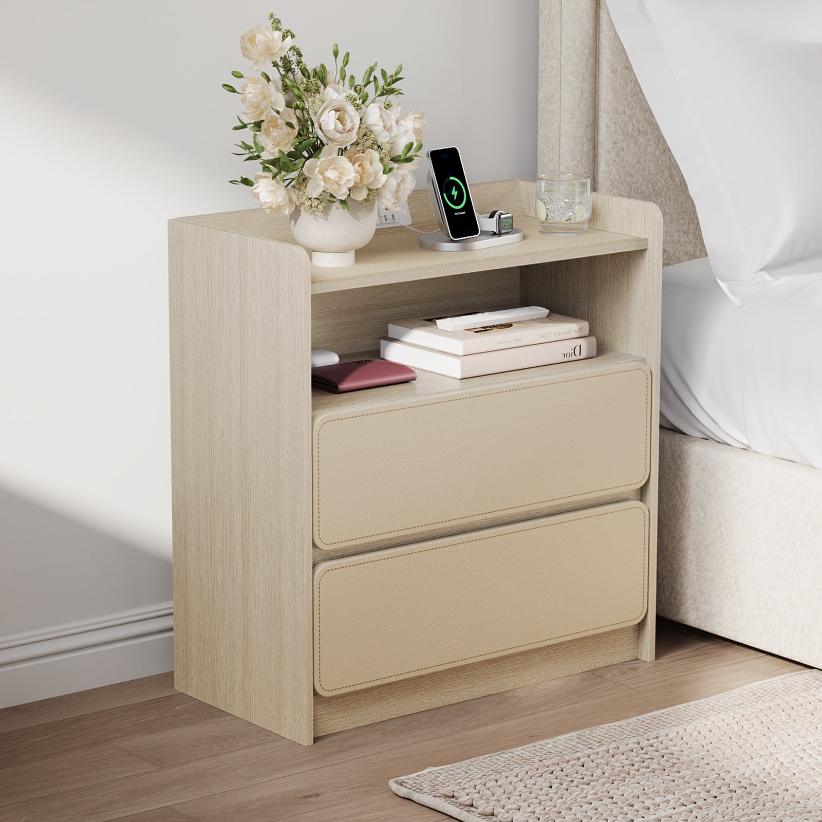 Qwatto Nightstand with Charging Station 2 Drawer Saddle Leather Bedside Table Modern Wood Side End Table Storage Cabinet Bedroom Furniture Beechwood