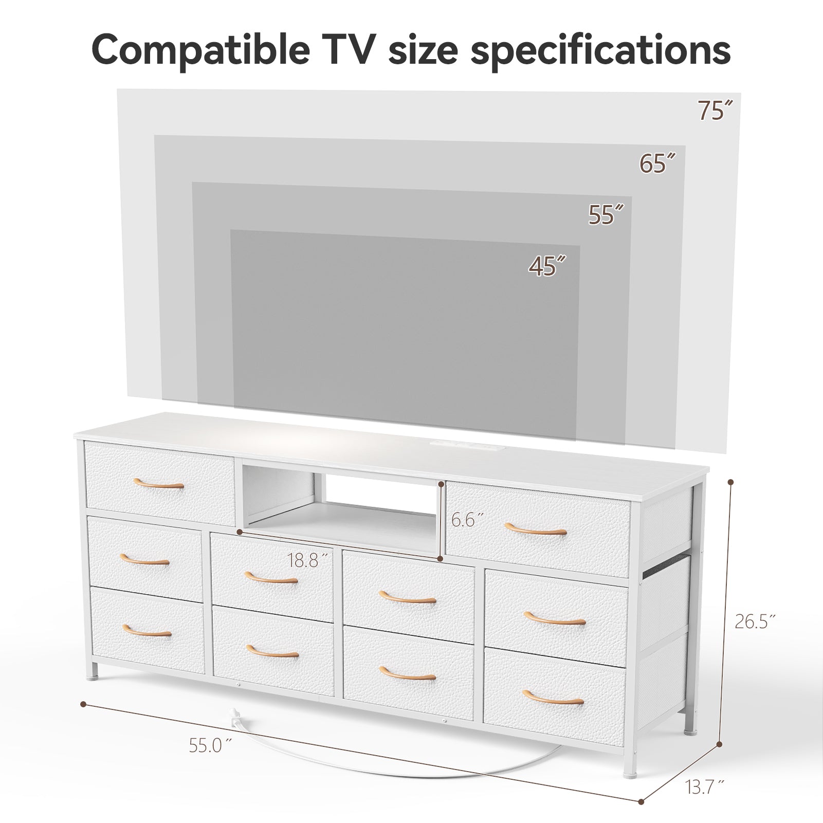 55 Inch Wide White TV Stand Dresser 10 Drawers with Power Outlets LED Lights Media Console for 65 Inch TV Bedroom Storage Chest Entertainment Center