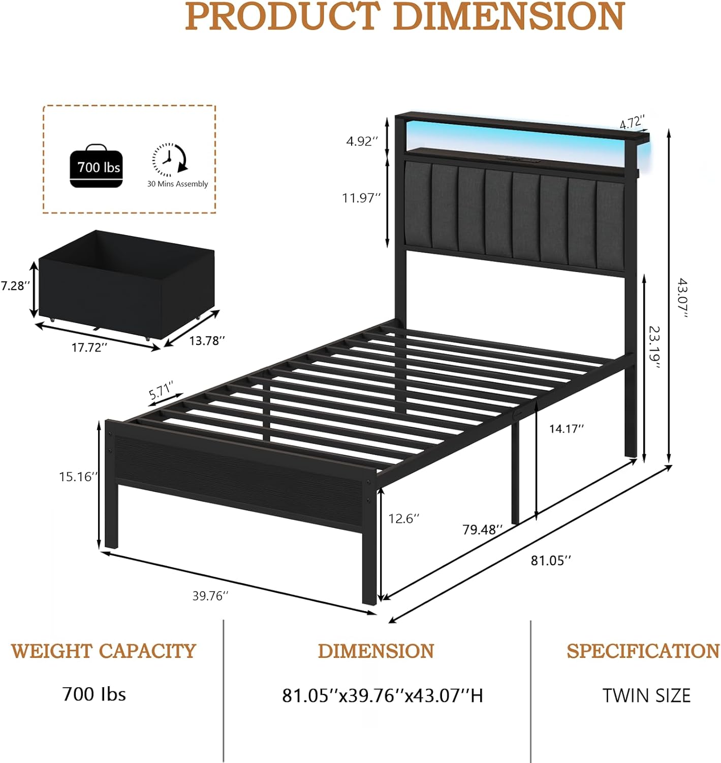 Furnulem Bed Frame with LED Lights, Charging Station & Storage