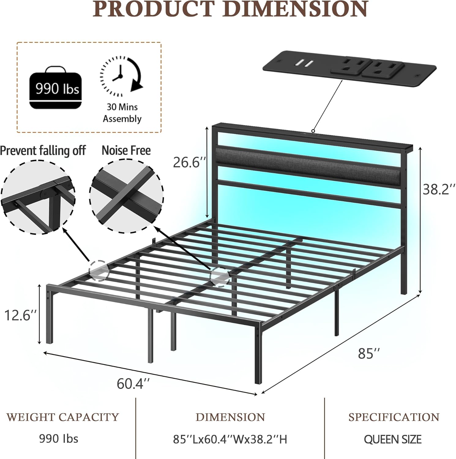 Queen Bed Frame with Led Lights and Charging Station Bed  Frame with Headboard and Under Bed Storage Metal Platform Bedframe and Storage Shelf