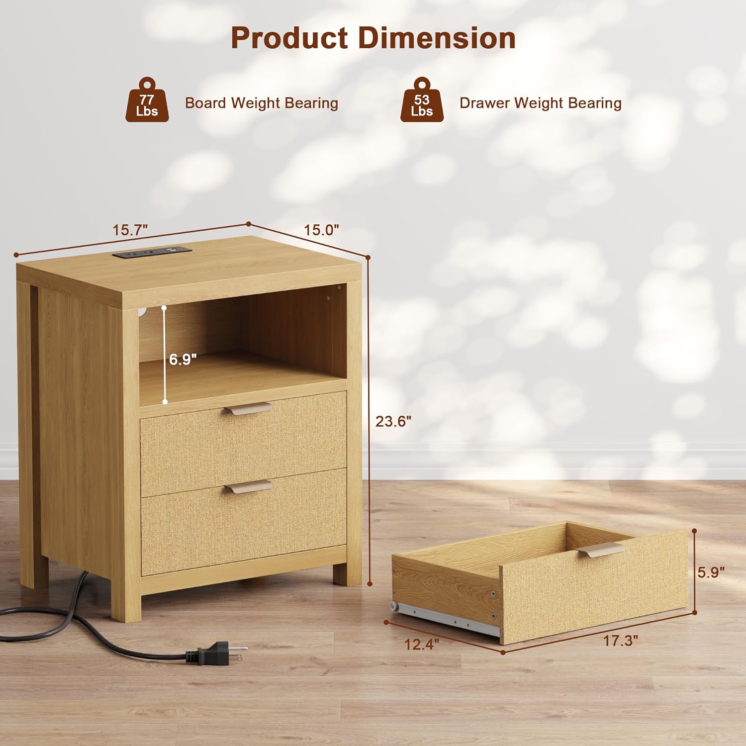 Furnulem Rattan Nightstand with Charging Station – 2-Drawer Boho Bedside Table
