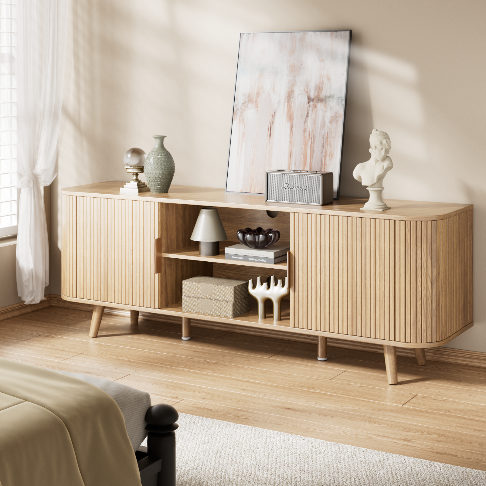 55 Inch Media Console for Bedroom Living Room Oak TV Stand for 65 Inch TV Mid Century Modern Cabinet Fluted Wood Detail Cable Management