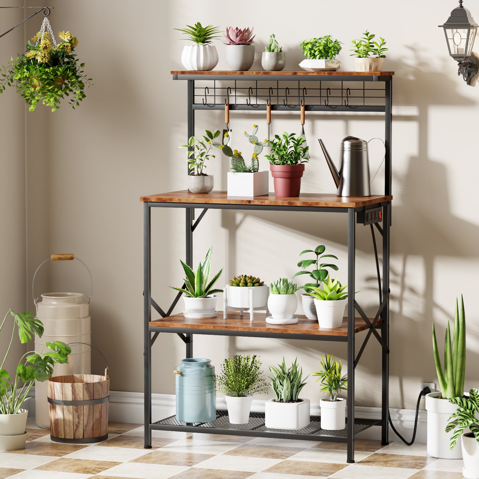 Qwatto Kitchen Bakers Rack with Power Outlets 31.5 -inch Coffee Bar Station 4 Tier Microwave Stand Storage Shelf with S Hooks Rustic Brown Utility Table