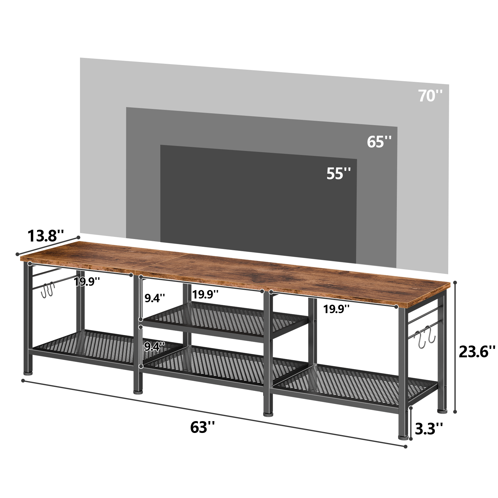 Qwatto 63 Inch Brown TV Stand for TVs up to 70 Inch Media Console Entertainment Center with Soundbar Shelf Open Storage Shelves Living Room Decor
