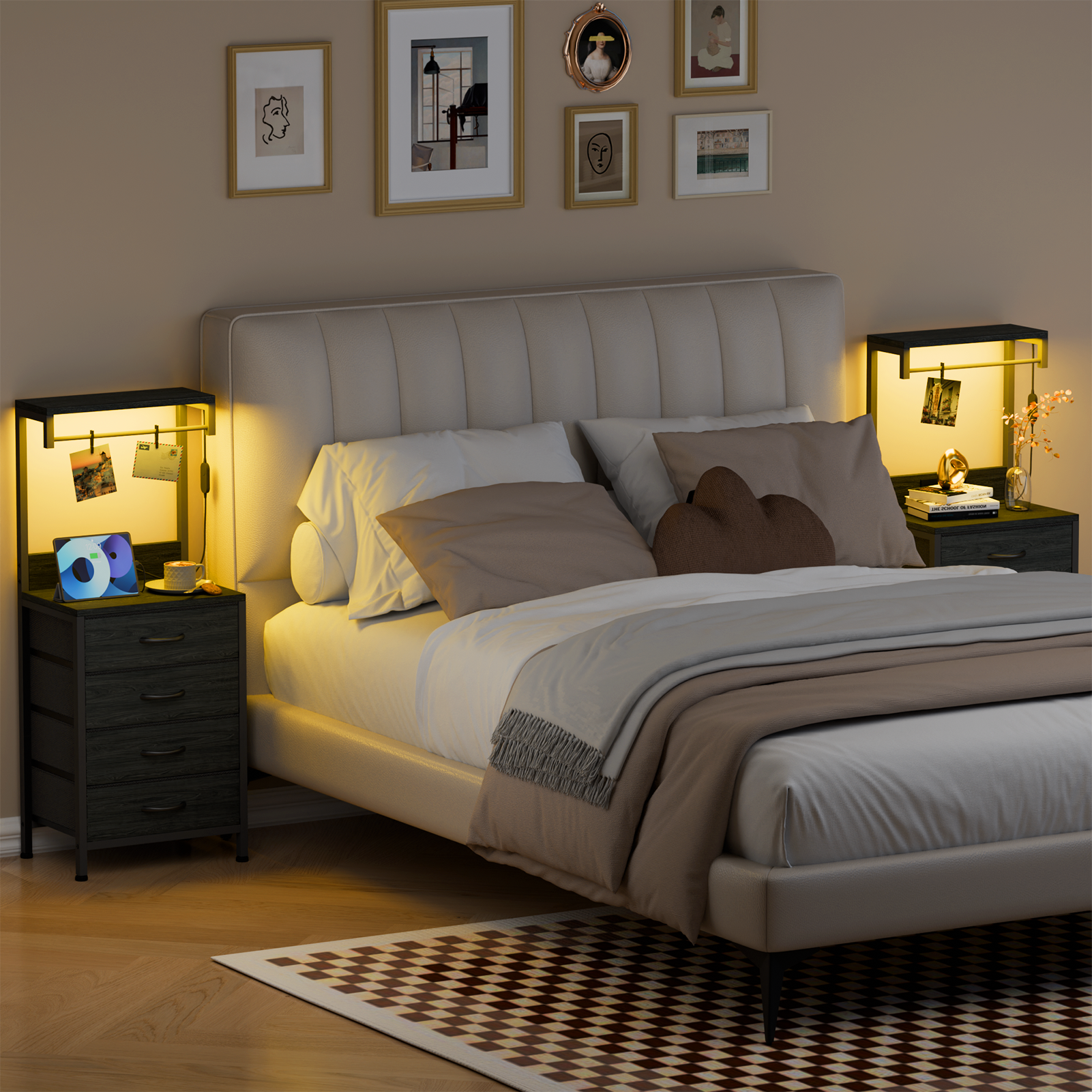 Tall Black Oak Nightstand 4 Fabric Drawers Storage Shelves Modern Bedside Side End Table Narrow Accent Organizer for Small Space Bedroom Living Room