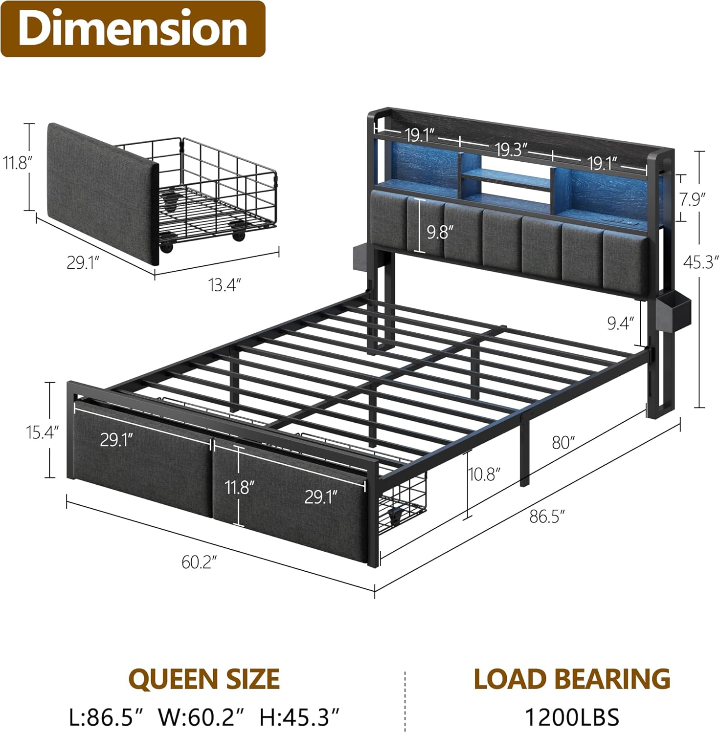 Furnulem Queen Bed Frame with Storage Drawers  Upholstered Headboard with Storage Shelf  LED Lights and Charging Station  Metal Platform Bed Frame