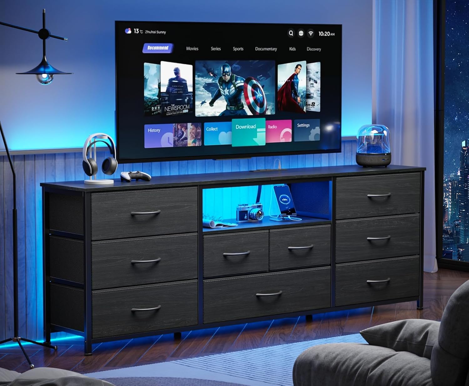 Furnulem 9 Drawer Dresser 63” Long TV Stand for Bedroom Center with Power Outlet & LED Light for 65"-75" TV Black Dresser with Fabric Storage