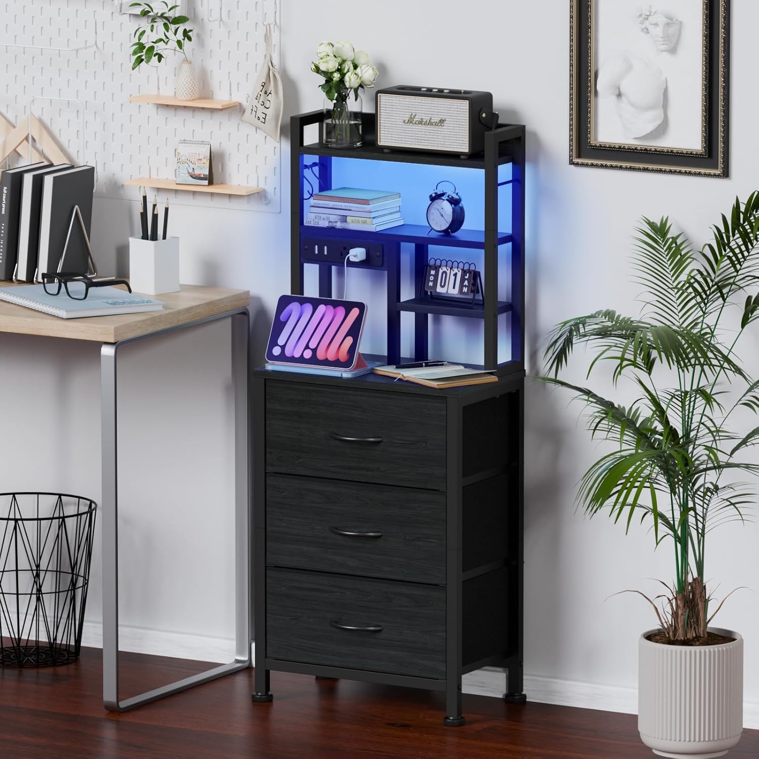 Qwatto 45.3in Tall Bedside Table with USB Charging Station and Light 3 Fabric Drawer Nightstand Bookshelf for Small Space Bedroom Dorm Black Oak Finish