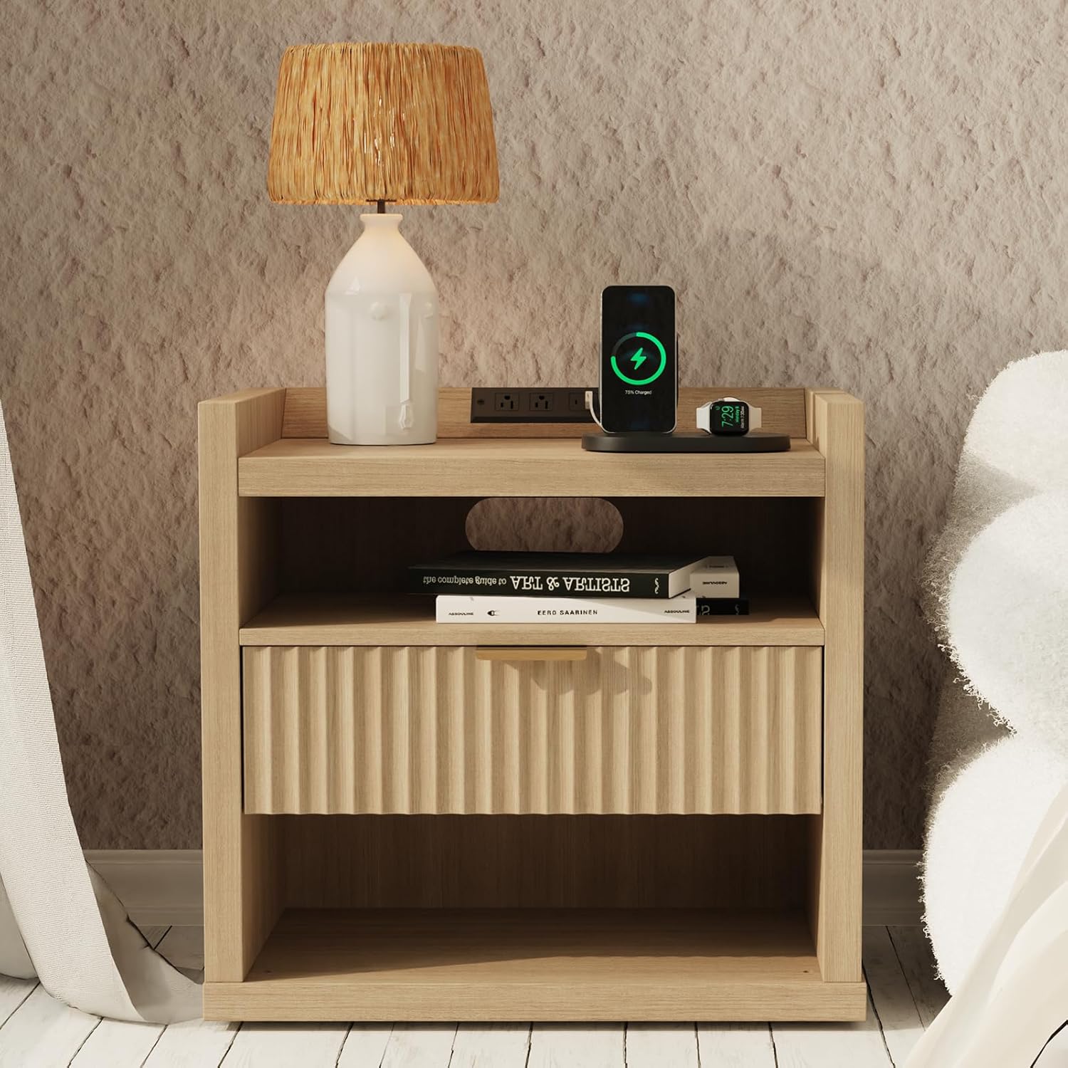 Furnulem Large recessed bedside table with charging station wooden bedside table with drawer  modern style bedside table 1 drawer