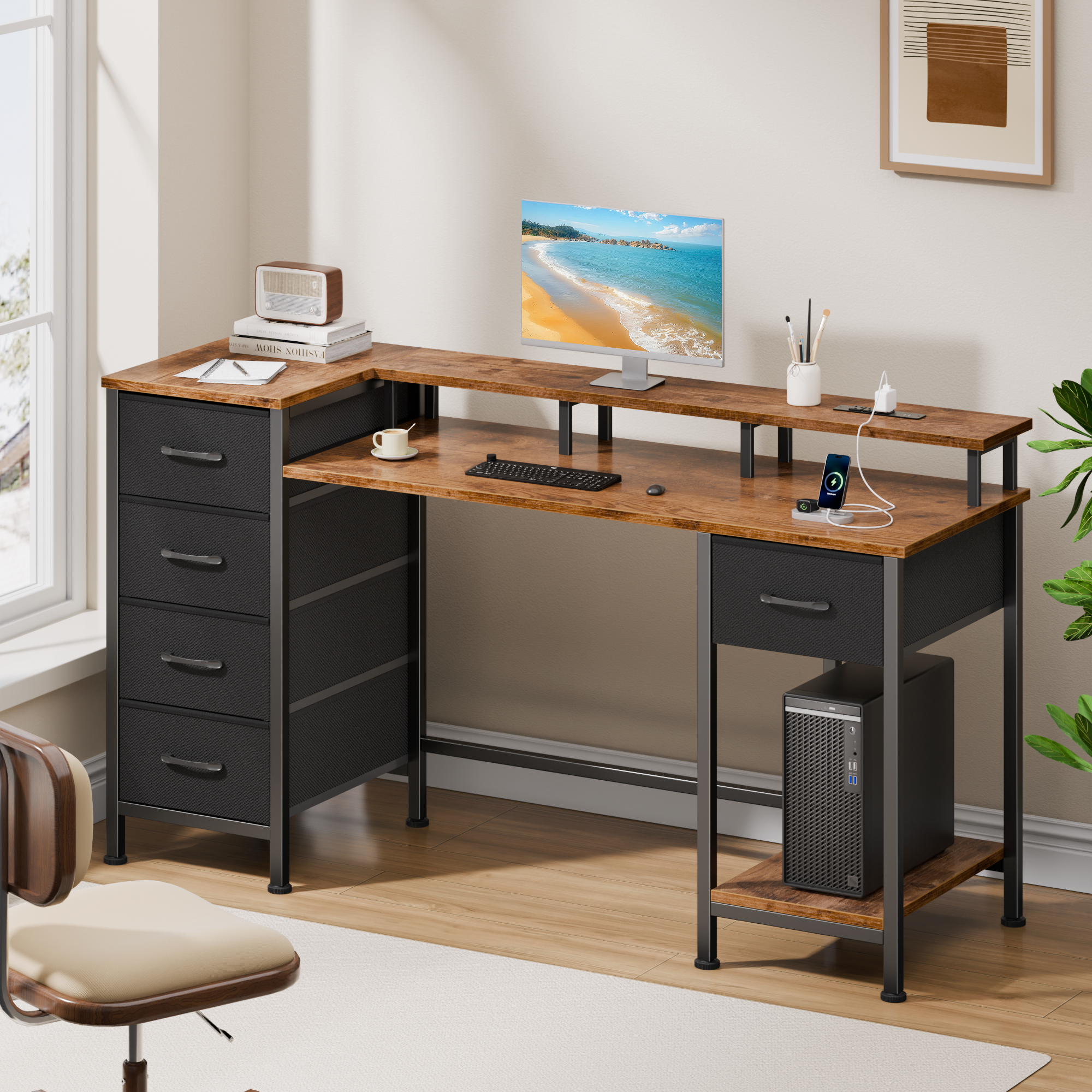 47 Inch Rustic Brown Computer Desk with Charging Station Reversible Gaming Desk LED Lights 5 Fabric Drawers Monitor Stand Home Office Writing Table