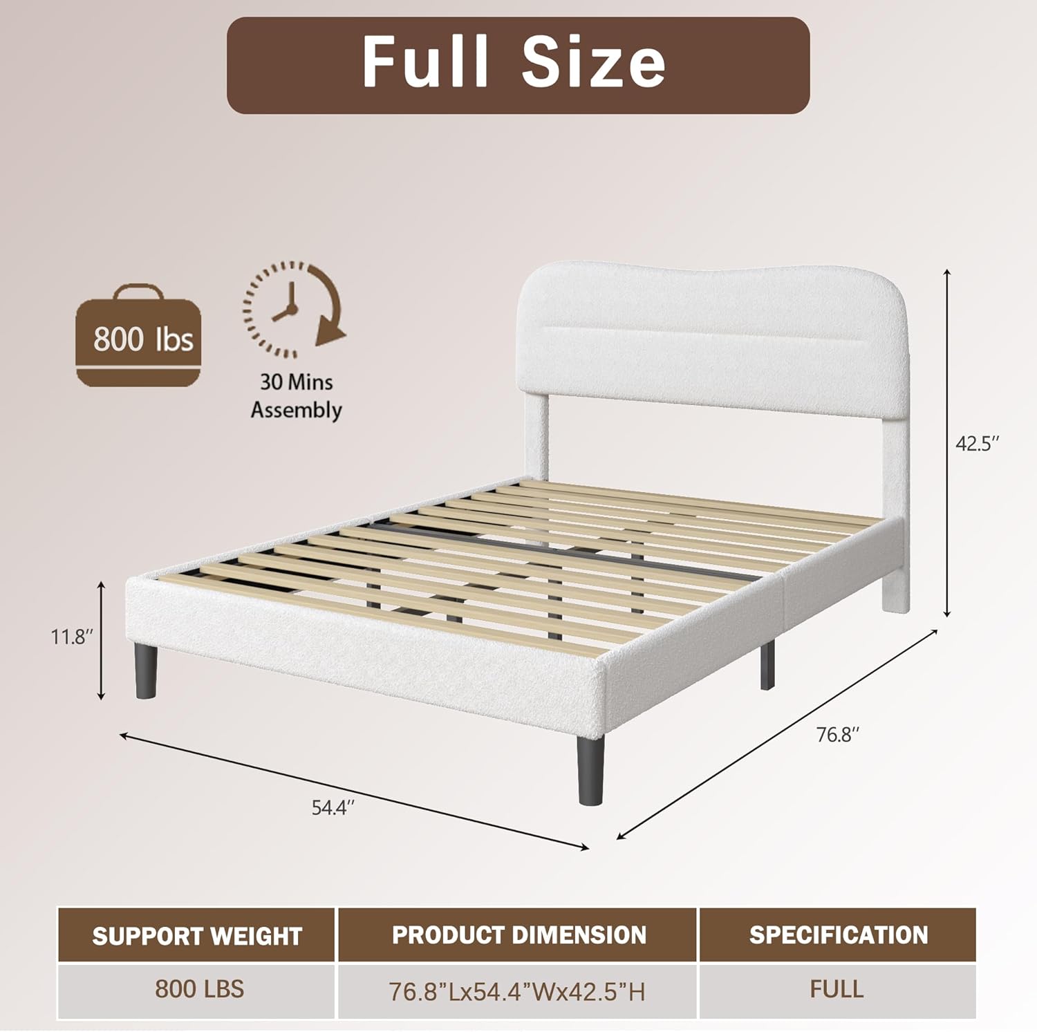 Full Size Bed Frame with Headboard Teddy Soft Boucle Fabric Bed Frame Full Soft Cloud Marshmallow Shape Upholstered Headboard No Box Spring Needed