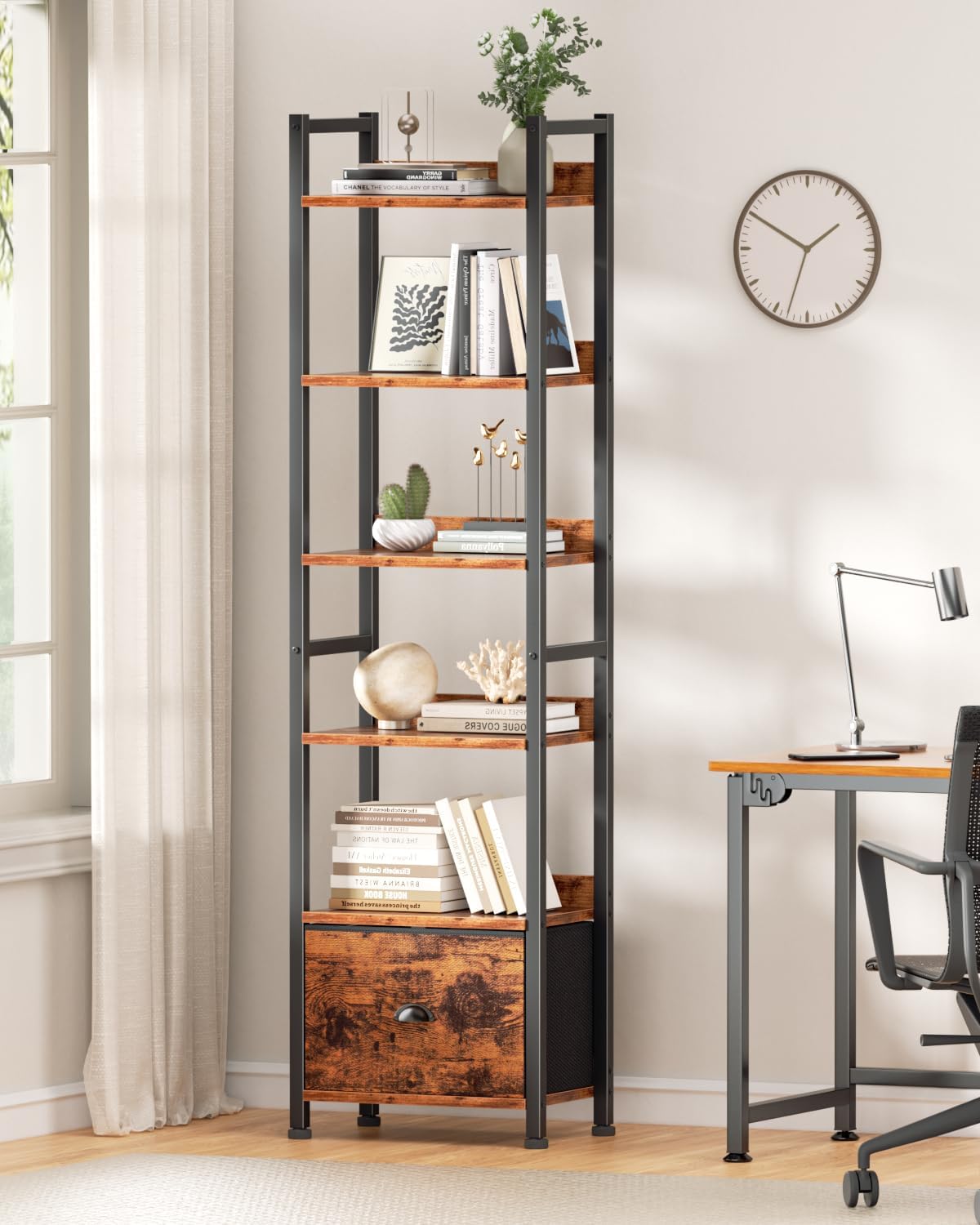 Qwatto Brown 6 Tier Bookshelf with Drawer Tall Industrial Wood Metal Freestanding Storage Display Shelves Etagere Bookcase Organizer for Home Office