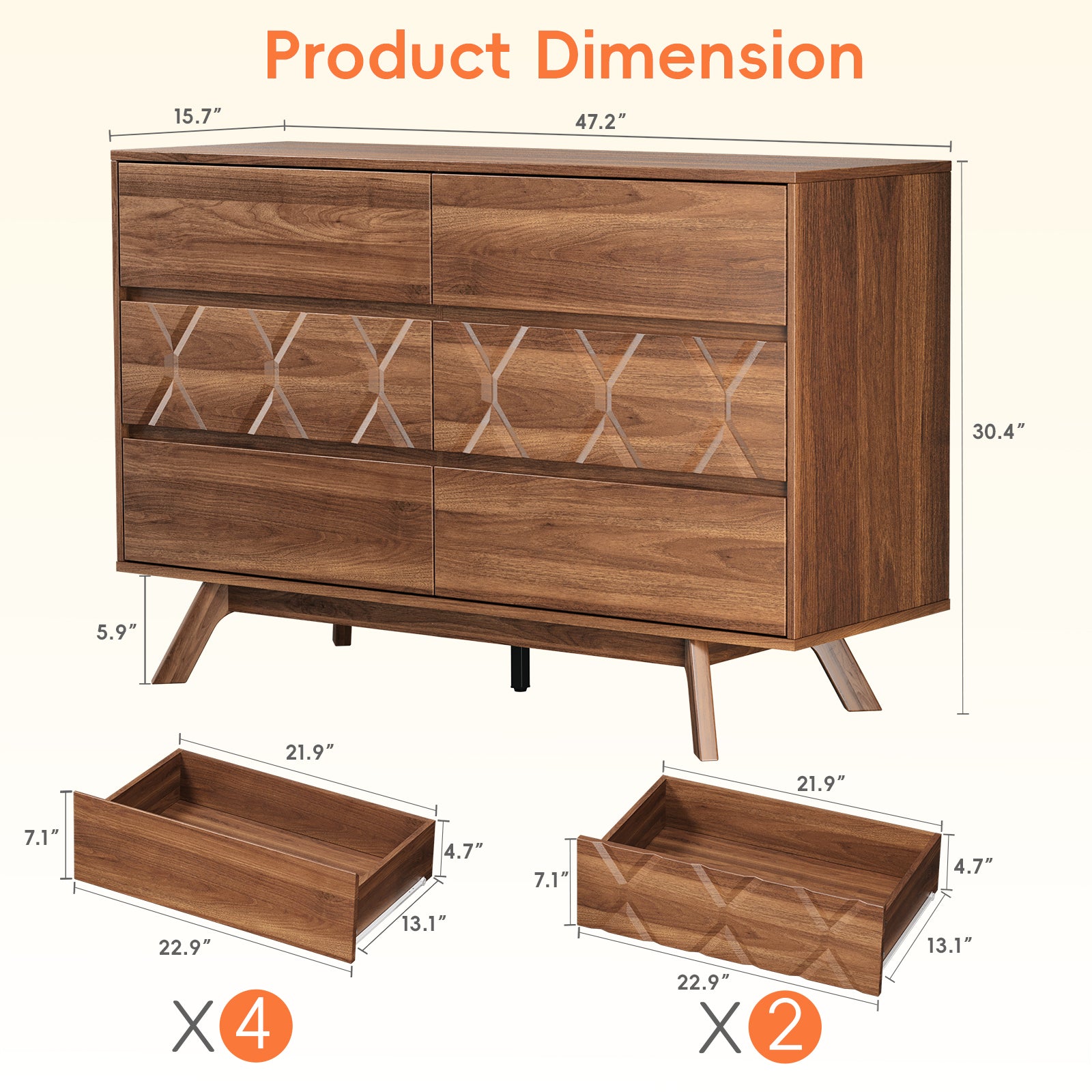 Qwatto 6 Drawer Dresser Mid Century Modern Wood Chest of Drawers Geometric Relief Storage Organizer for Bedroom Entryway Cherry Finish Anti-Tipping