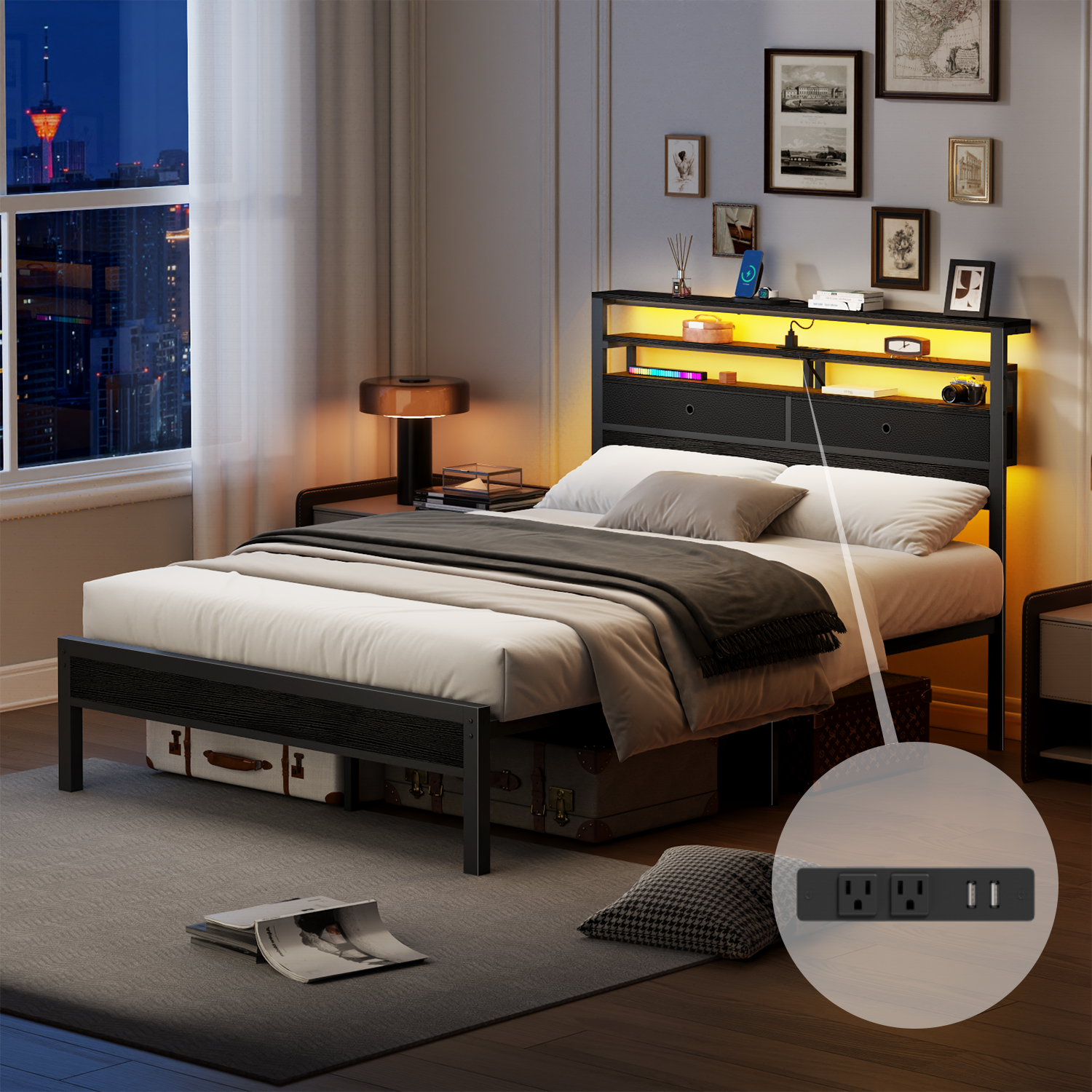 Furnulem Full Size Bed Frame with Headboard  2 Fabric Drawers  Bed Featuring LED Lights Built-in Charging Station  Storage Shelves No Box Spring Needed