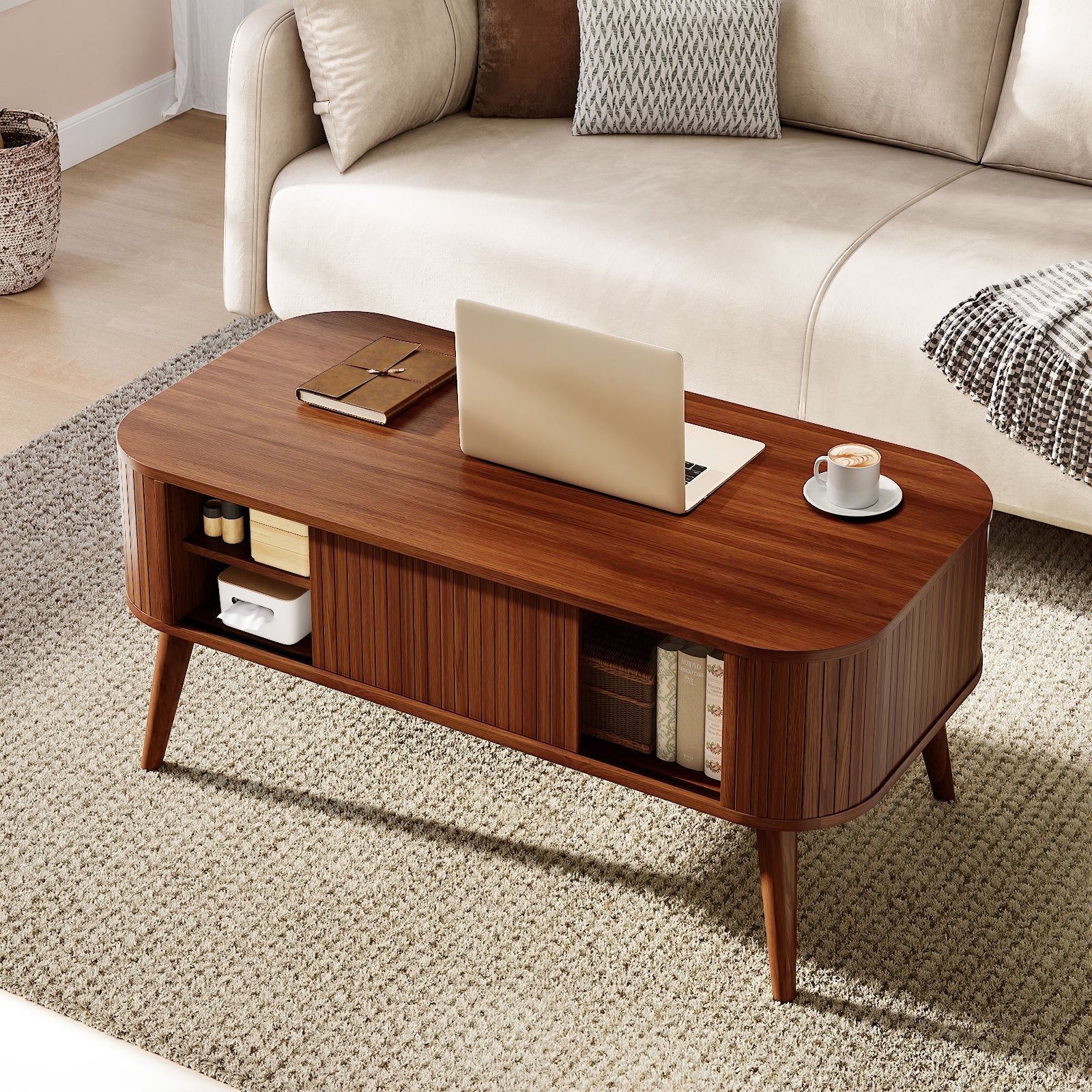 Qwatto Mid Century Modern Coffee Table with Storage Fluted Sliding Cabinet Door Farmhouse Wood Rectangular Center Table Living Room Walnut Finish