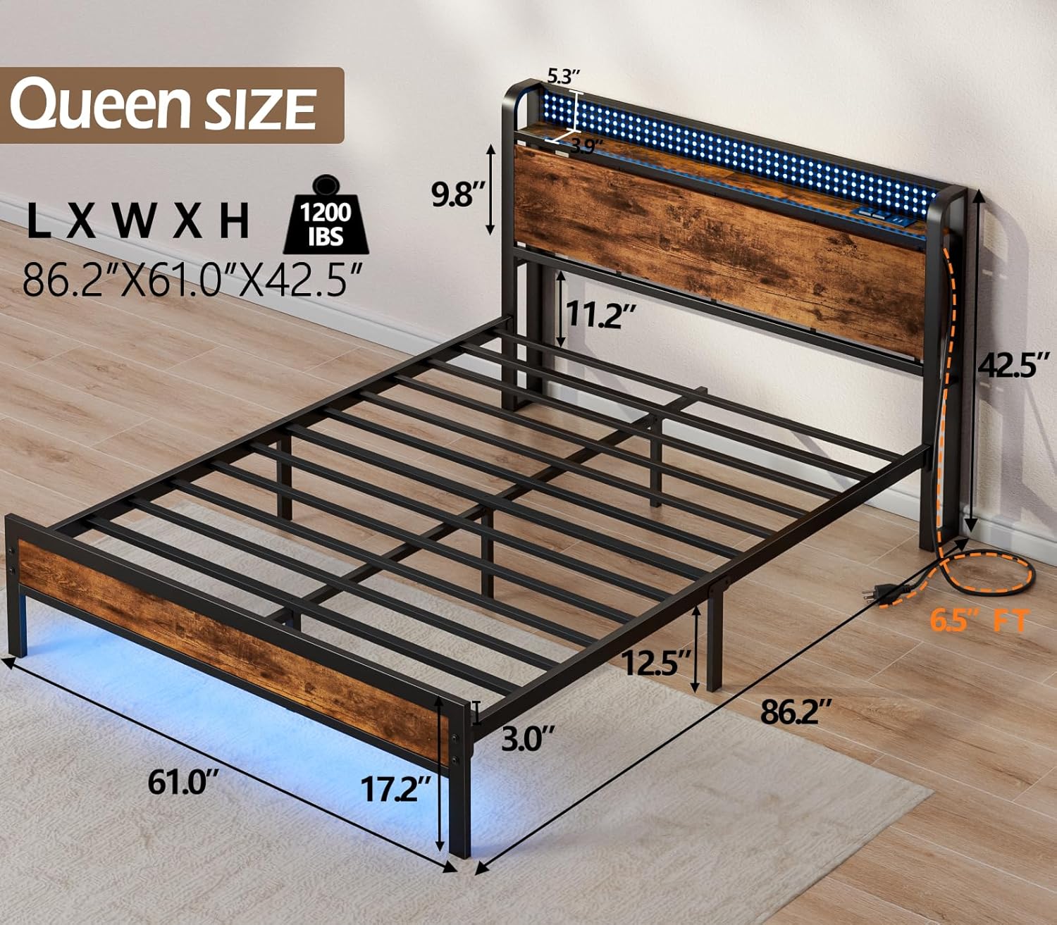Furnulem Queen Bed Frame with Charging Station and LED Lights,Industrial Platform Beds  with Storage Headboard USB Port Rustic Wood and Strong Metal