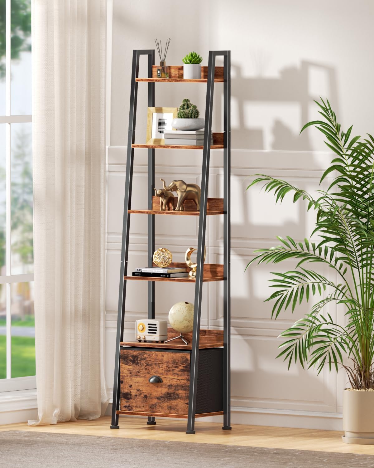 Rustic Brown 6 Tier Ladder Bookshelf with Drawer Tall Industrial Wood Metal Freestanding Storage Rack Etagere Display Bookcase for Home Office Rooms