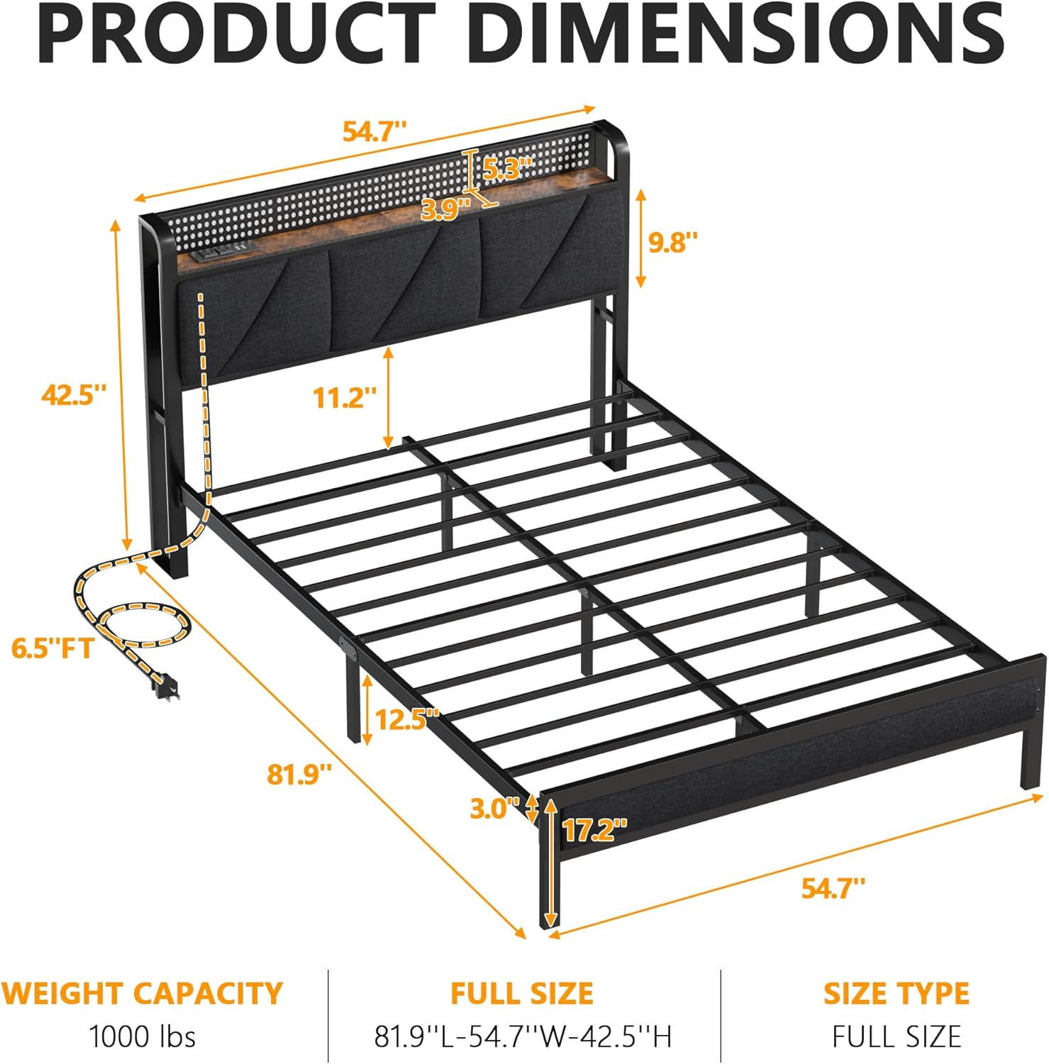 Furnulem Full Bed Frame with LED Lights,Headboard with Charging Station and USB Port,Upholstered Platform Bedframe Metal Support,No Box Spring Needed