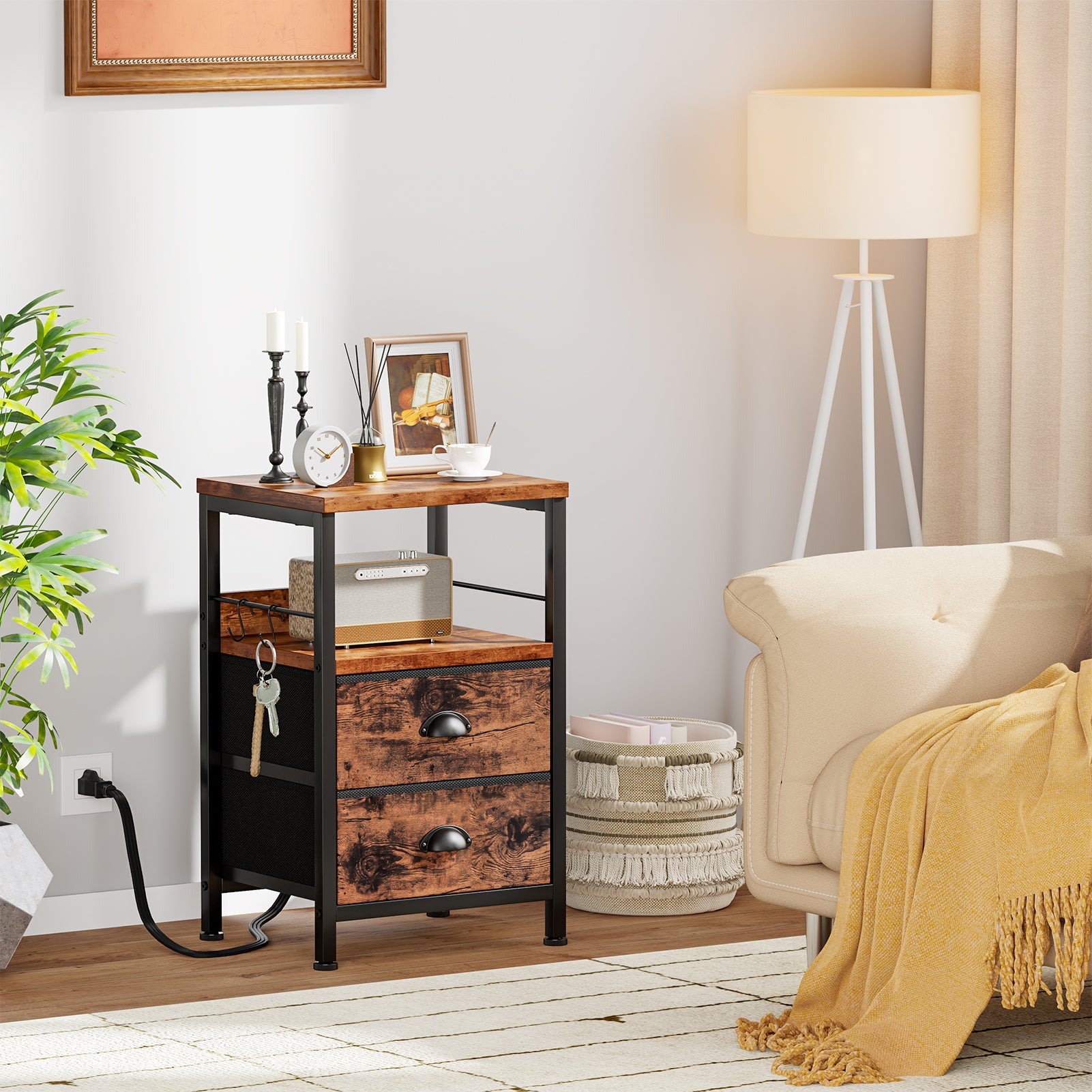 Qwatto Set of 2 Nightstands with Charging Station USB Ports Brown Bedside Side Tables with 2 Fabric Drawers Storage Shelf Hooks for Bedroom End Table