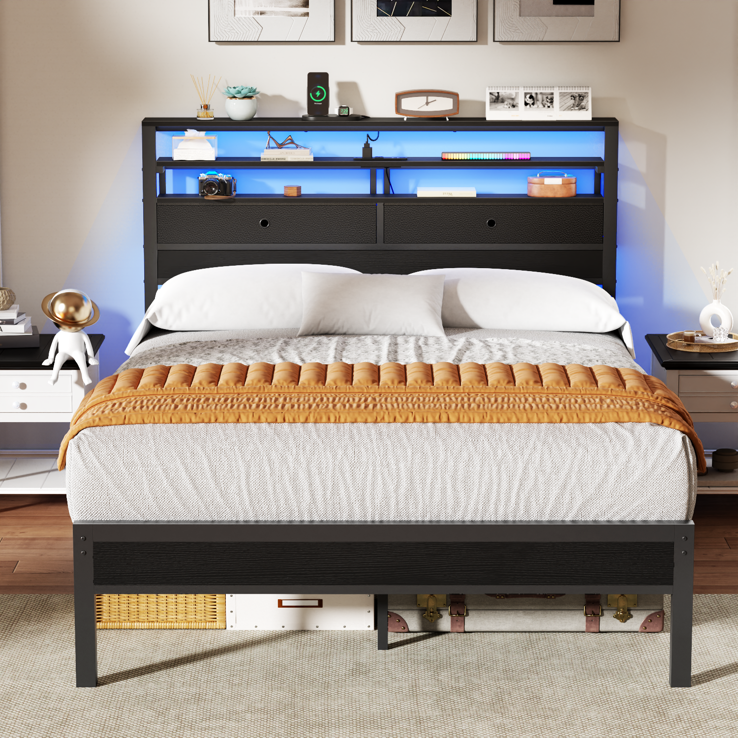 Furnulem Full Size Bed Frame with Headboard  2 Fabric Drawers  Bed Featuring LED Lights Built-in Charging Station  Storage Shelves No Box Spring Needed