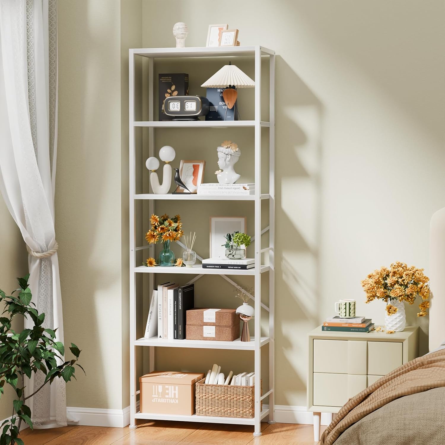 Qwatto 6 Tier Bookshelf Tall Wide Wood and Metal Open Bookcase Modern Storage Organizer Display Shelving Unit White Furniture Living Room Home Office
