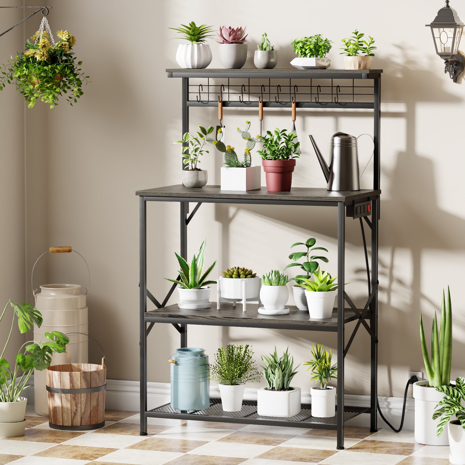 Qwatto Kitchen Bakers Rack with Power Outlets 31.5 Inch Coffee Bar Station 4 Tier Microwave Stand Storage Shelf with S Hooks Black Oak Utility Table