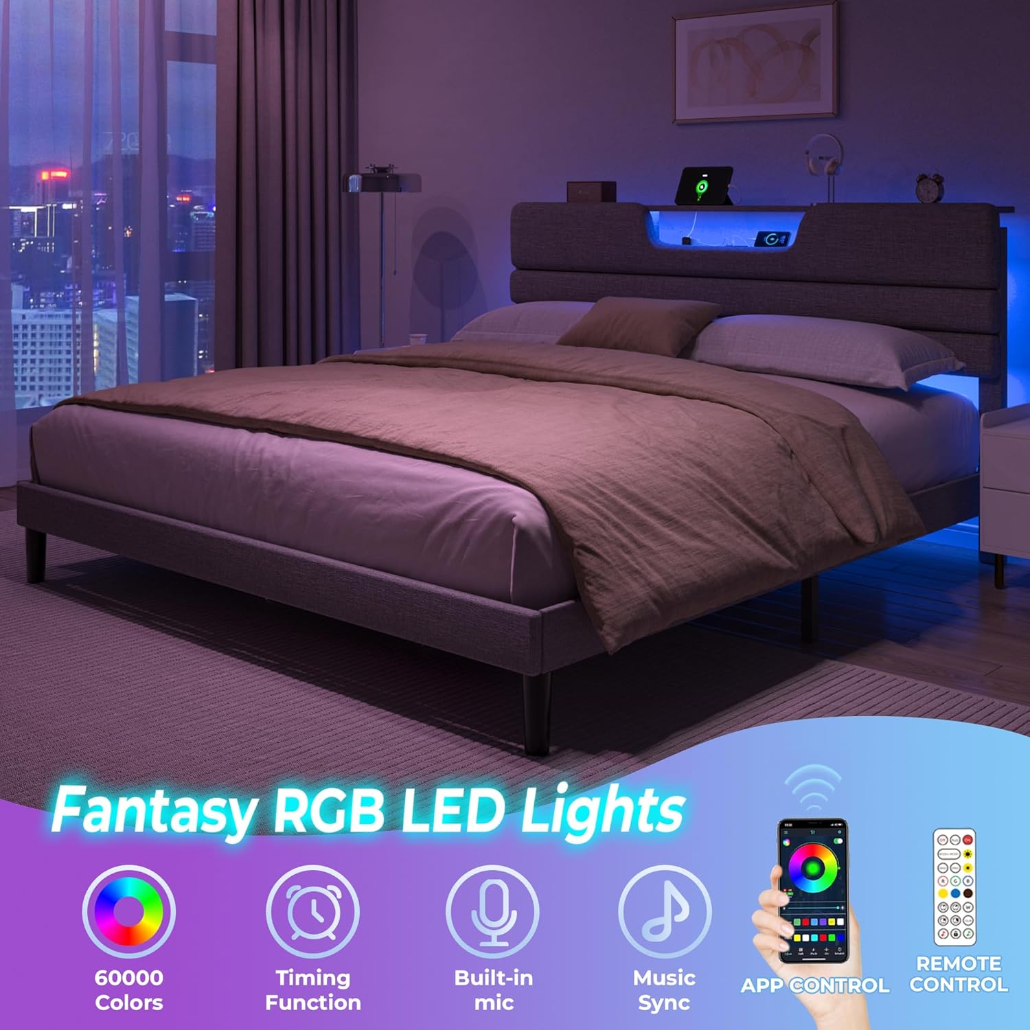 Furnulem Queen/King Size Bed Frames with Upholstered Headboard, Modern Platform Bed with Charging Station and Led Lights, Bed Frame with Sturdy Wooden Slats