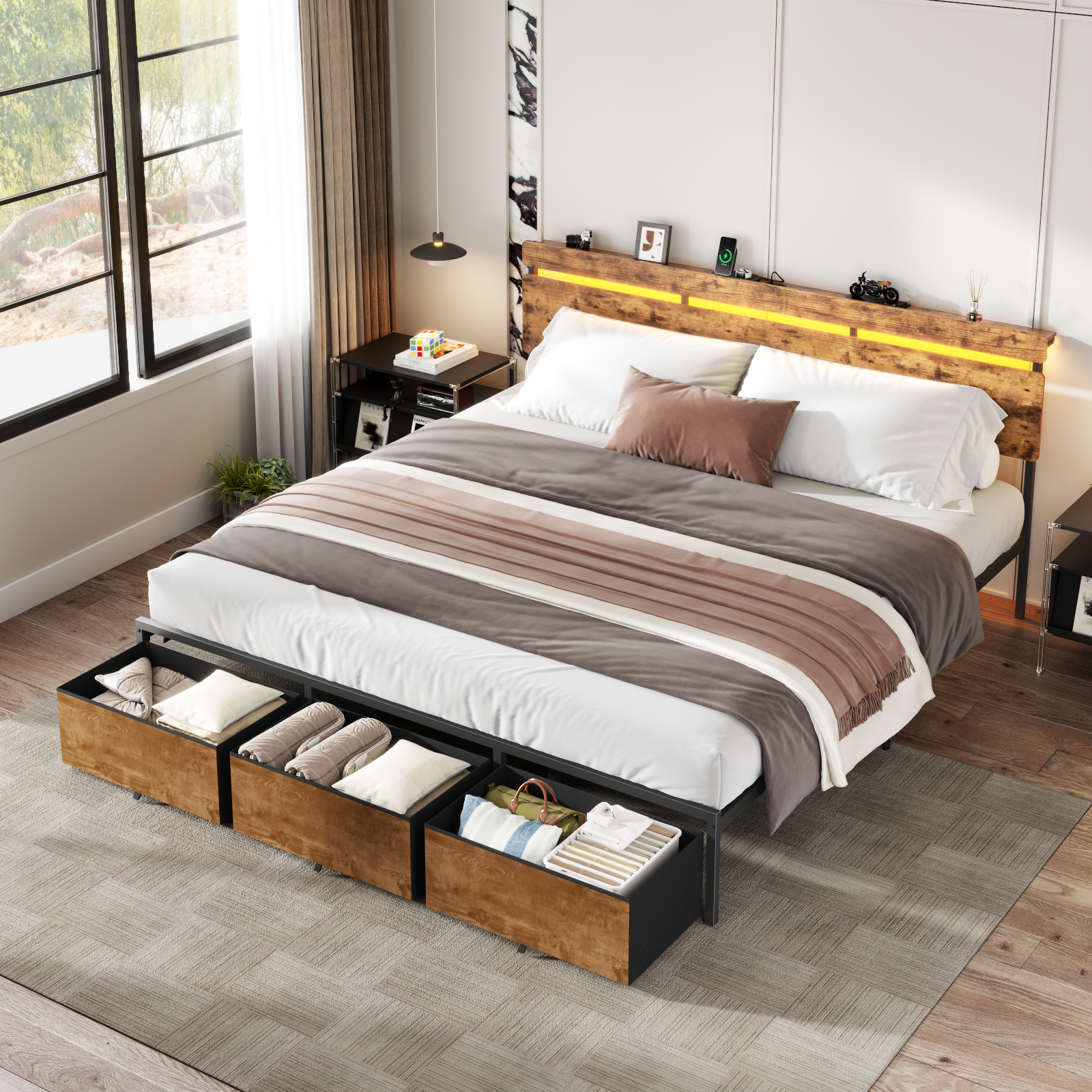 King Size Bed Frame with Wood Headboard, Metal Platform Bed with 3 Storage Drawers  Shelf Built-in Charging Station  LED Lights No Box Spring Needed