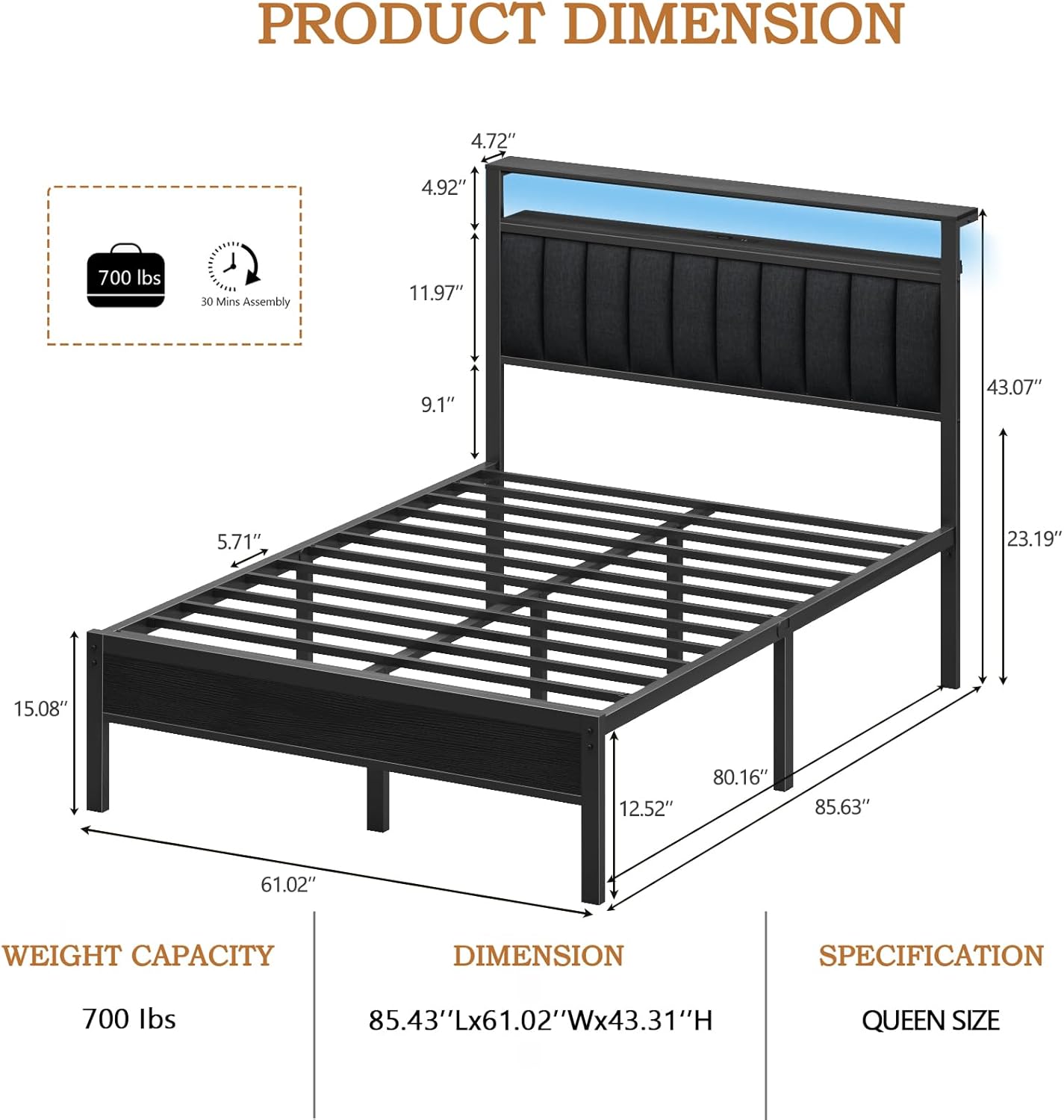 Furnulem Queen Size bed frame with charging station and LED light gray upholstered headboard two-tier storage shelves no spring mattress required