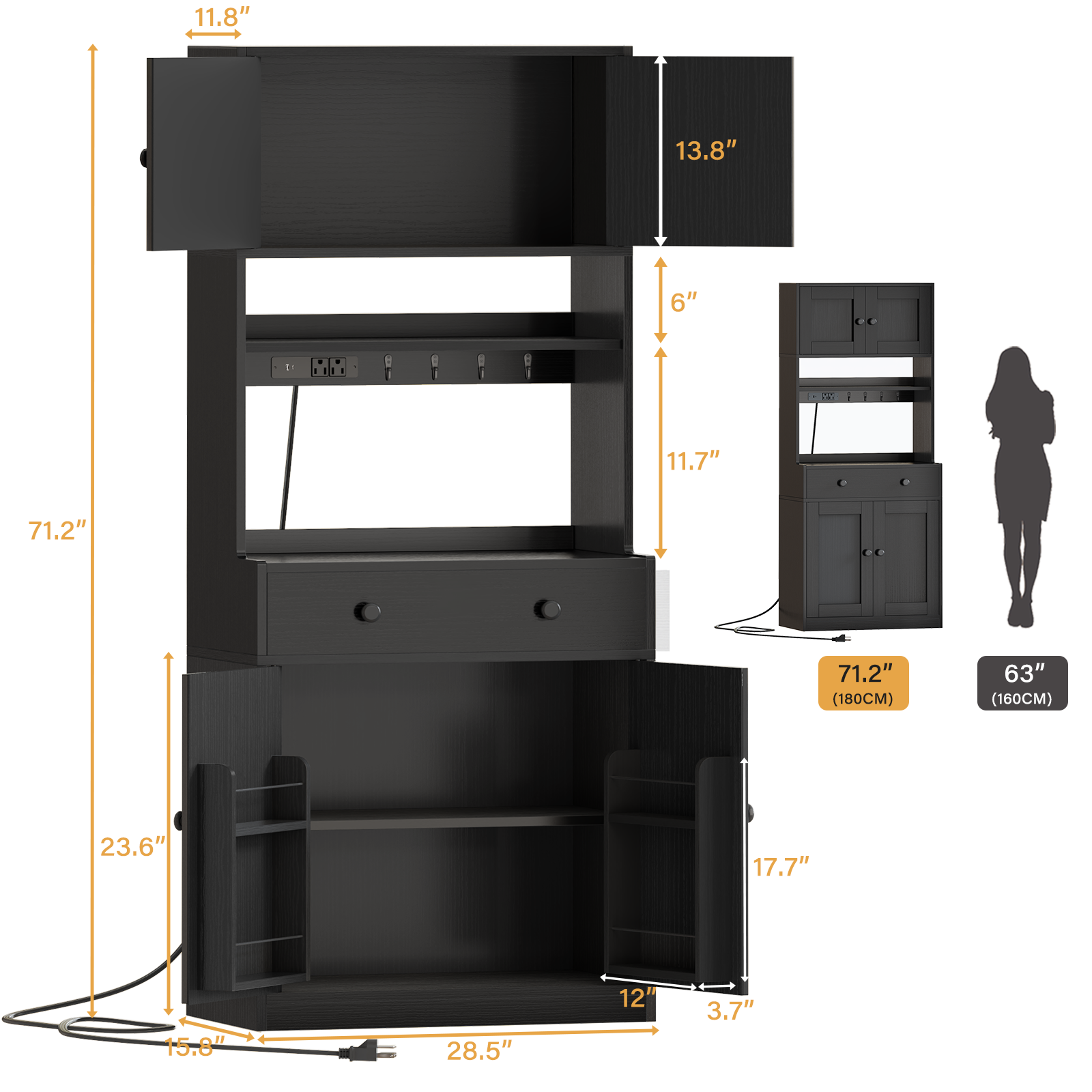 Qwatto 71'' Kitchen Pantry Storage Cabinet Farmhouse Freestanding Microwave Stand with Hutch Doors and Drawers for Dining Room and Coffee Bar