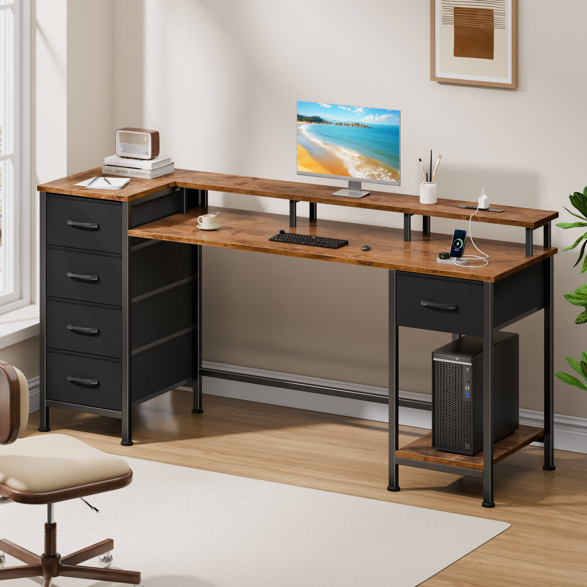Qwatto 55 Inch  Computer Desk with Charging Station Reversible Gaming Desk LED Lights Fabric Drawers Home Office Writing Table Bedroom Study Storage