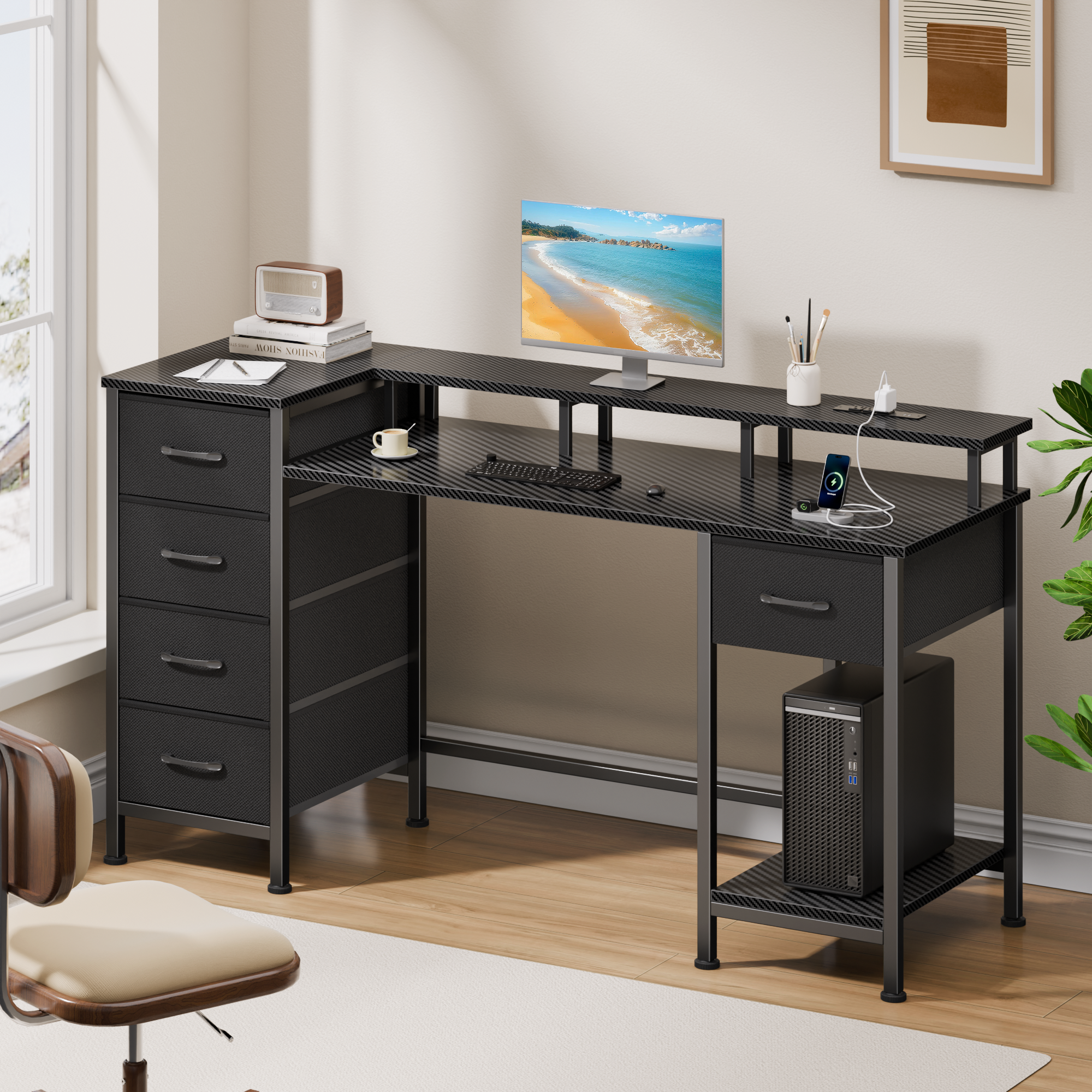 47 Inch Carbon Fiber Black Gaming Desk with Charging Station LED Lights Reversible Computer Desk 5 Fabric Drawers Home Office Writing Study Table
