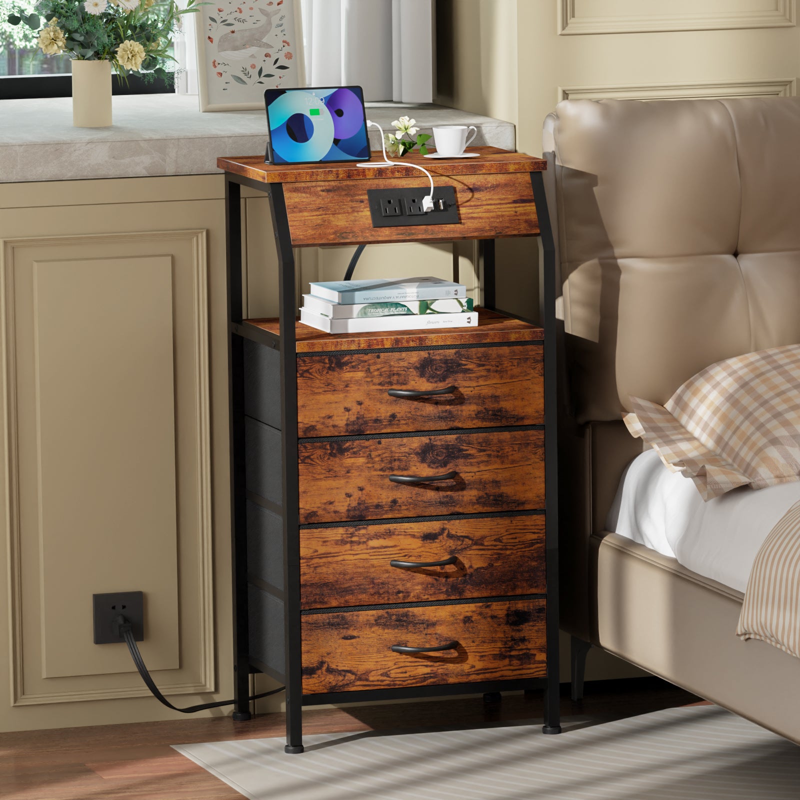 Furnulem Nightstand with Charging Station and Multi Fabric Drawers