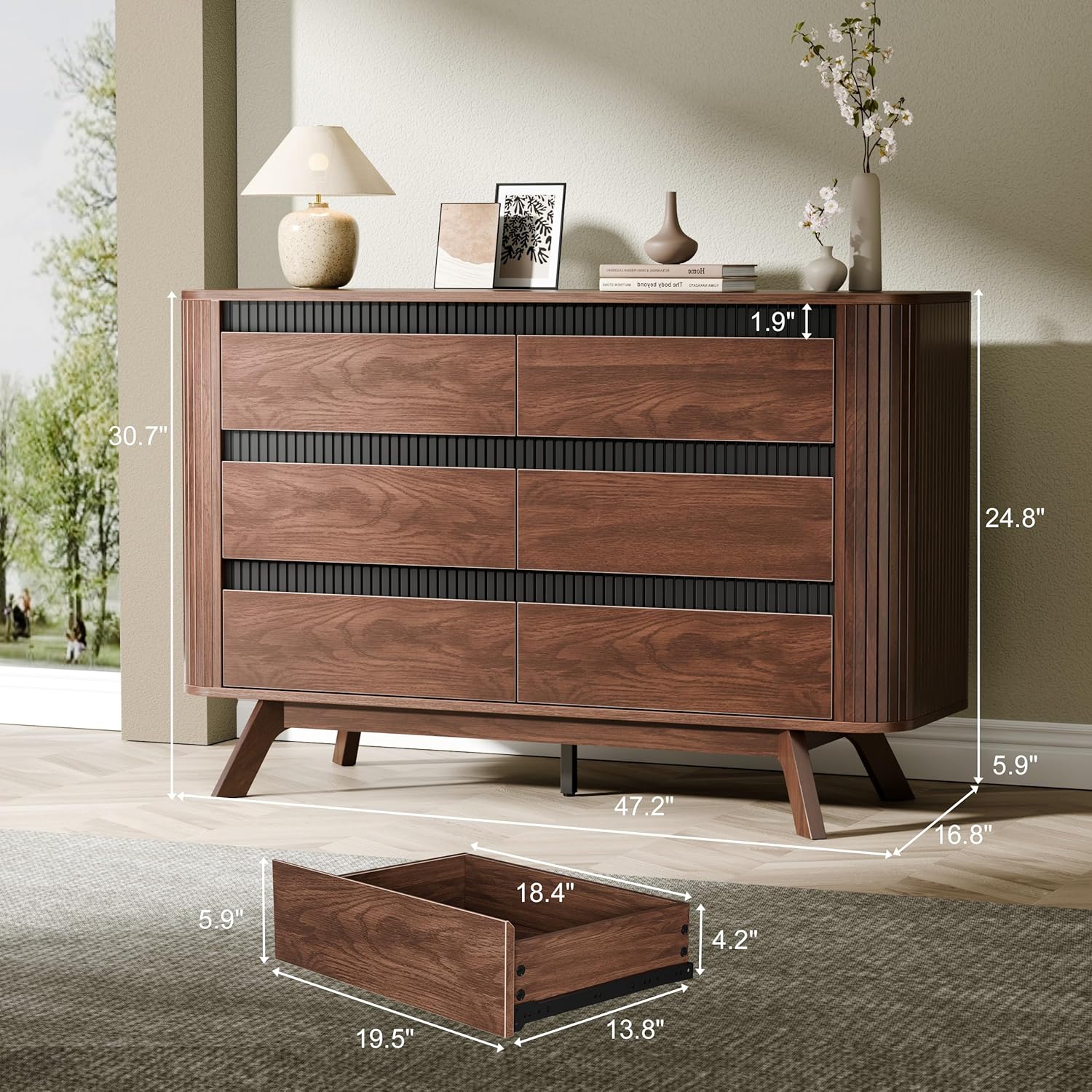 Qwatto 47.2" Mid Century 6 Drawer Dresser Walnut Fluted Chest of Drawers Modern Curved Profile Storage Organizer Bedroom Hallway Wide Clothes Dresser