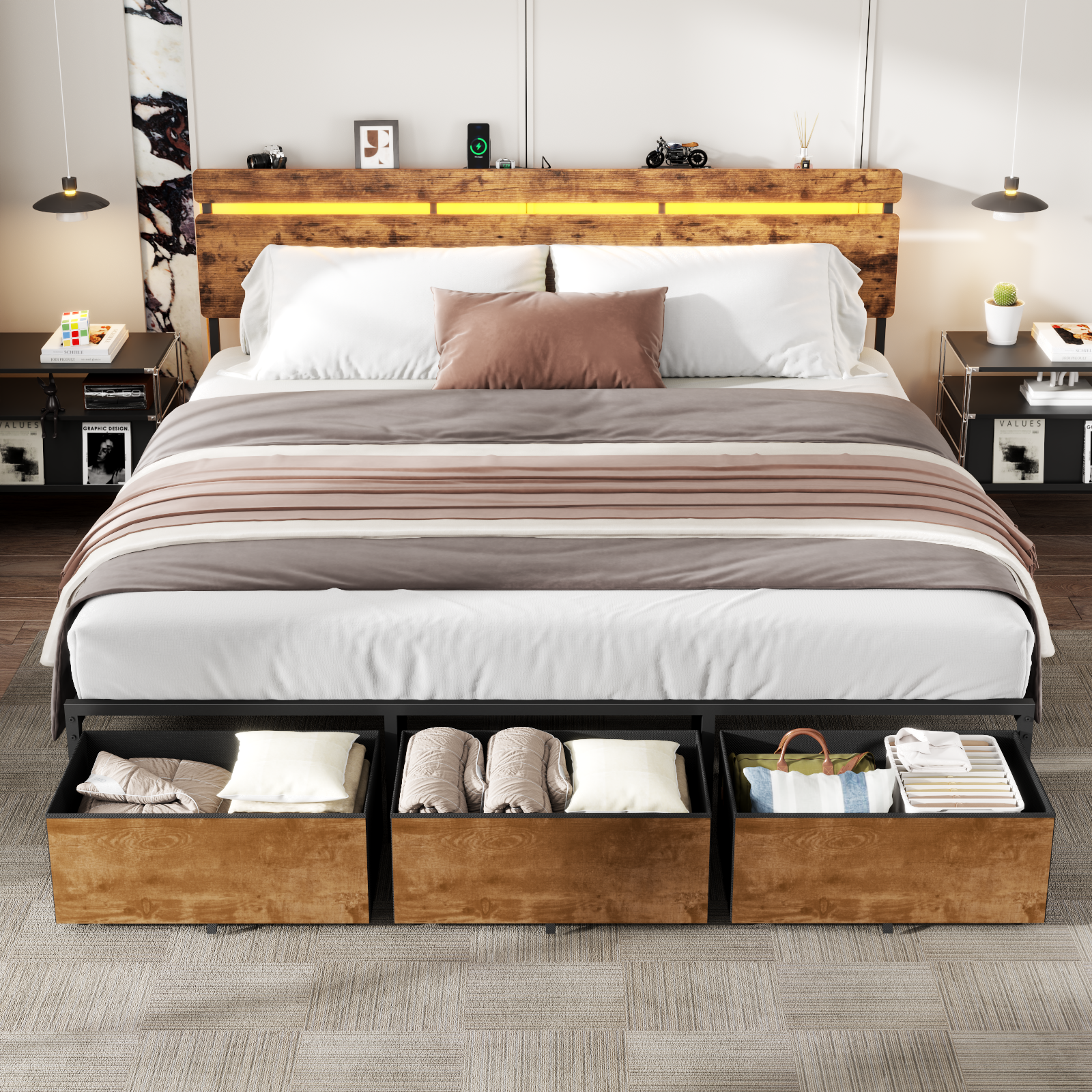 King Size Bed Frame with Wood Headboard, Metal Platform Bed with 3 Storage Drawers  Shelf Built-in Charging Station  LED Lights No Box Spring Needed