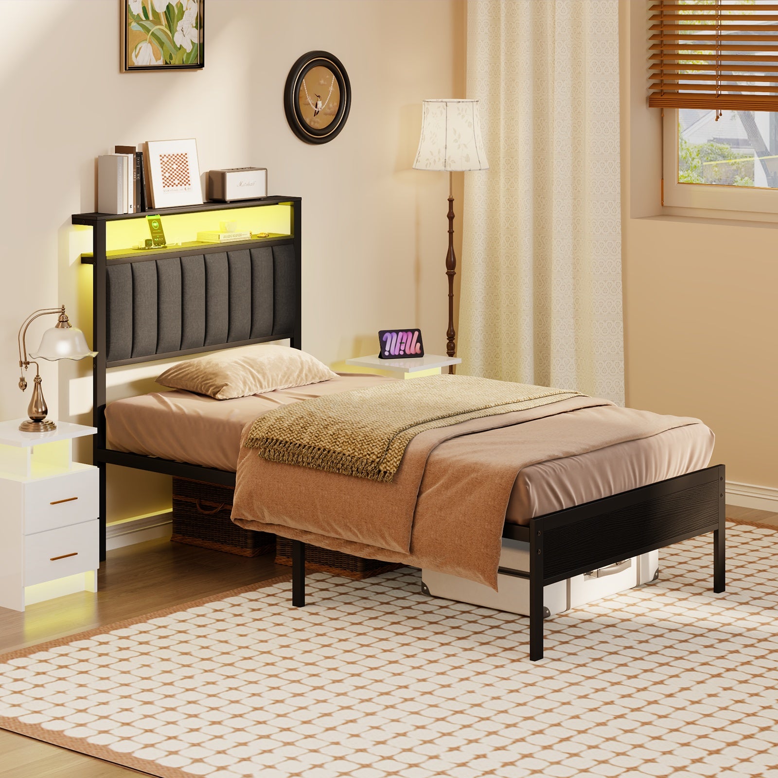 Furnulem Full and Queen Size Bed Frame with Charging Station and LED Lights, Platform Bed with Metal Slats, Grey Upholstered Headboard with 2-Tier Storage Shelves, No Box Spring Needed